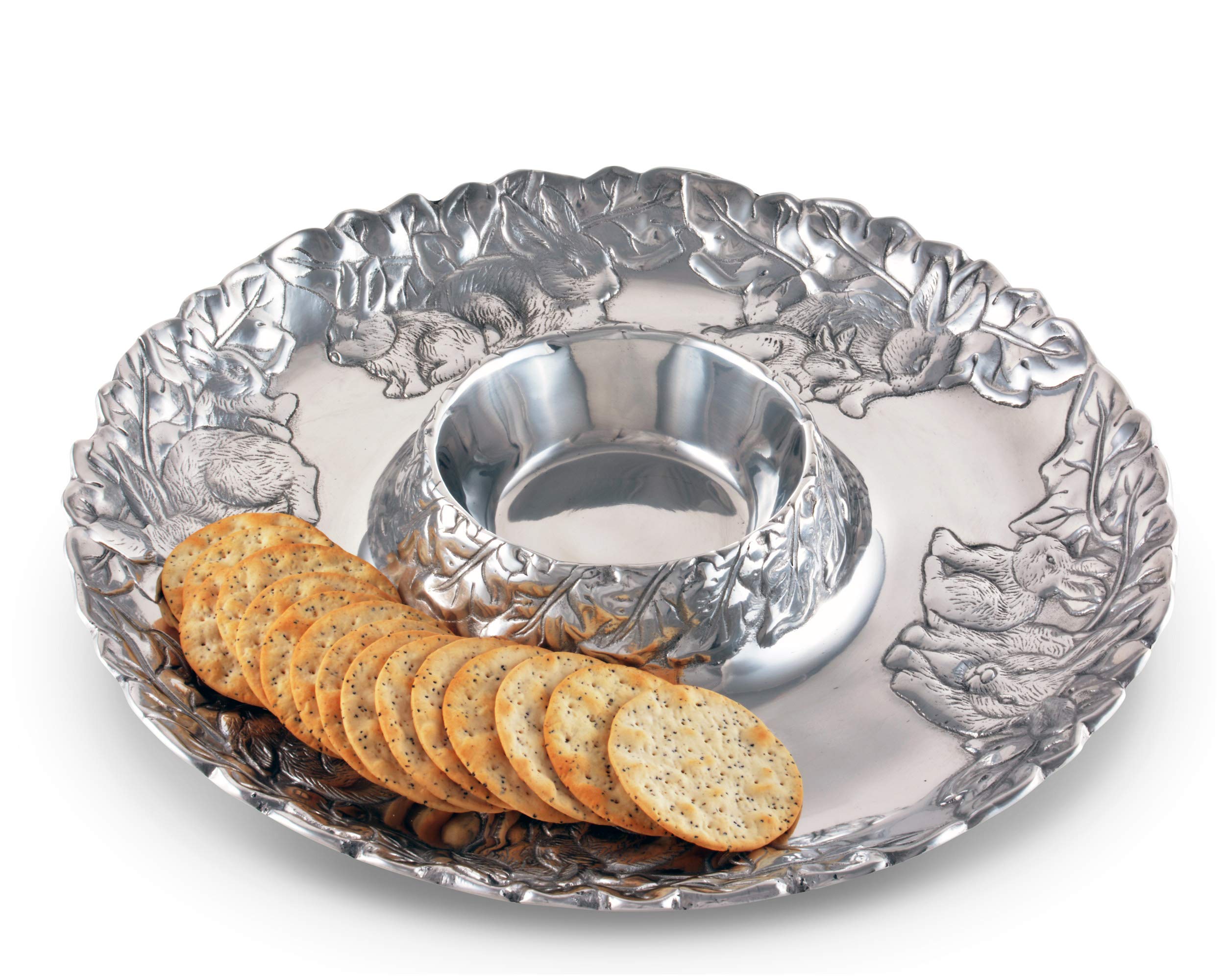 Arthur Court Designs 14-inch Aluminum Bunny Pattern Easter Chip and Dip Platter – Hand-Polished Sand Casted Metal Serving Tray, Tarnish-Free Artisan Quality – Perfect for Easter Celebrations, Holiday Parties & Spring Gatherings