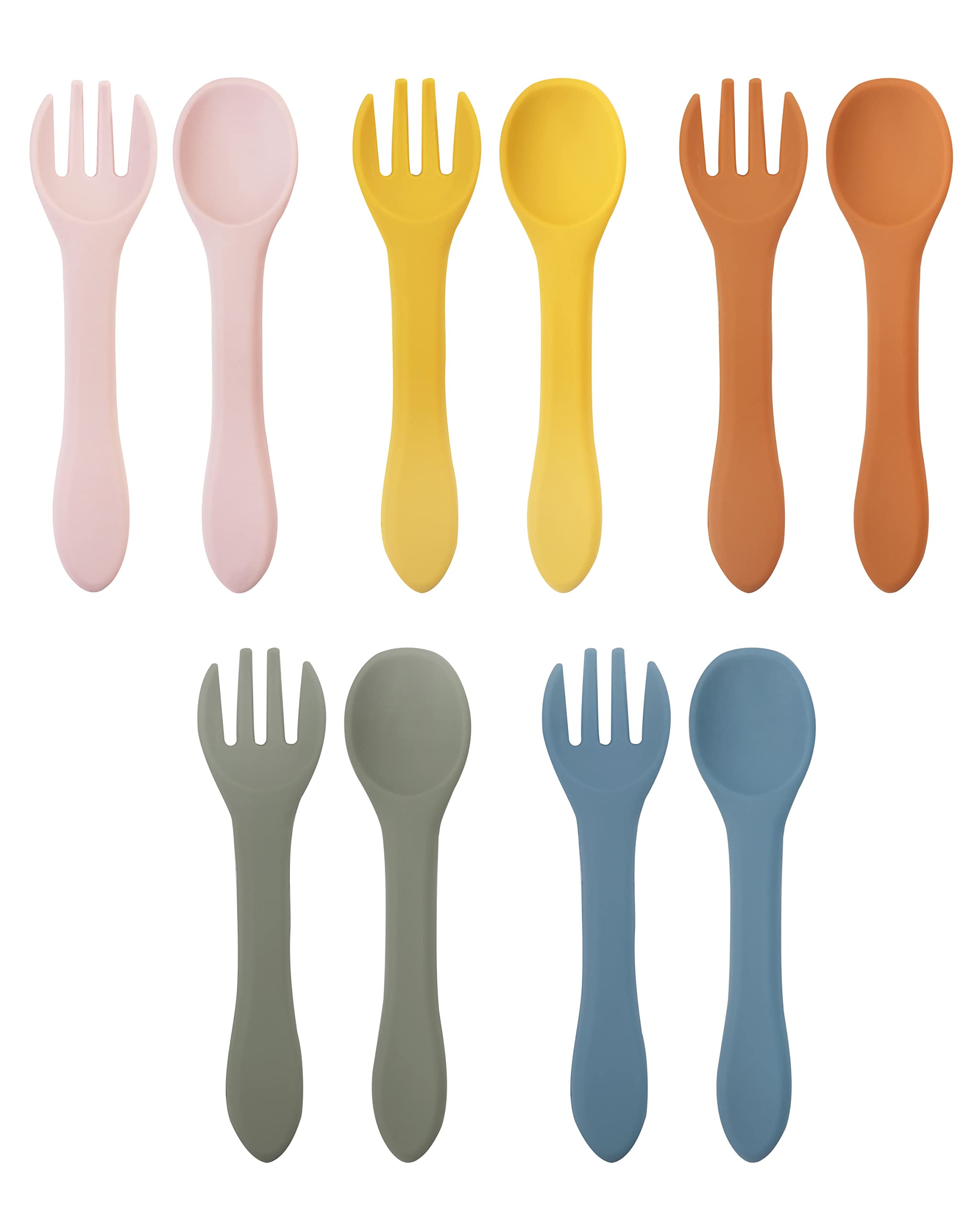 10 Pcs Soft Silicone Baby Spoons & Forks Set - BPA-Free Self Feeding Utensils for Babies 6+ Months - Chewable Toddler Spoons for Learning to Eat - Perfect for Baby Led Weaning & First Foods