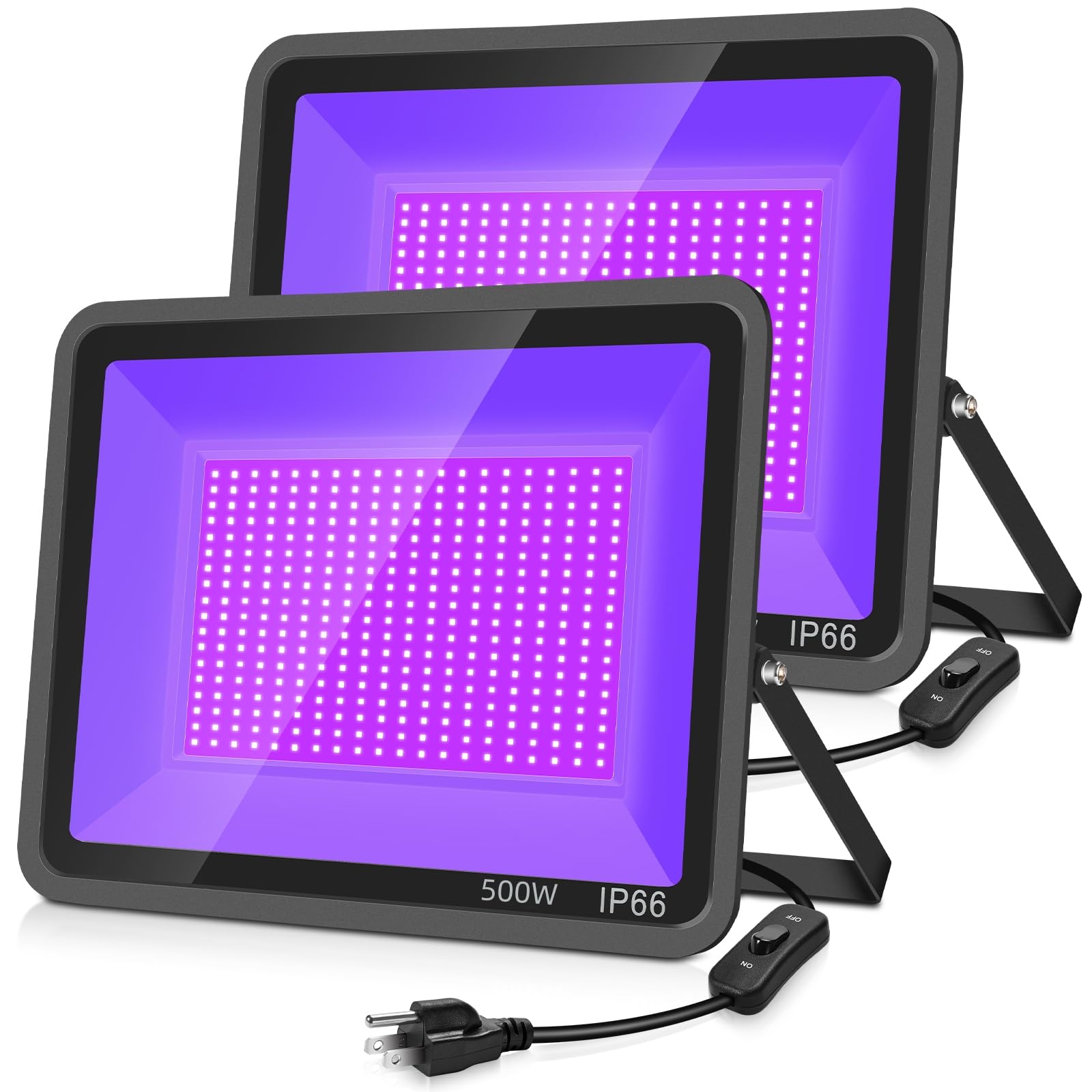 500W 2 Pack LED Black Light - IP66 Waterproof UV Flood Light with Plug & Switch (395-405nm) for Glow Party, Halloween Decor, Fluorescent Posters, Body Paint & Nighttime Outdoor Lighting