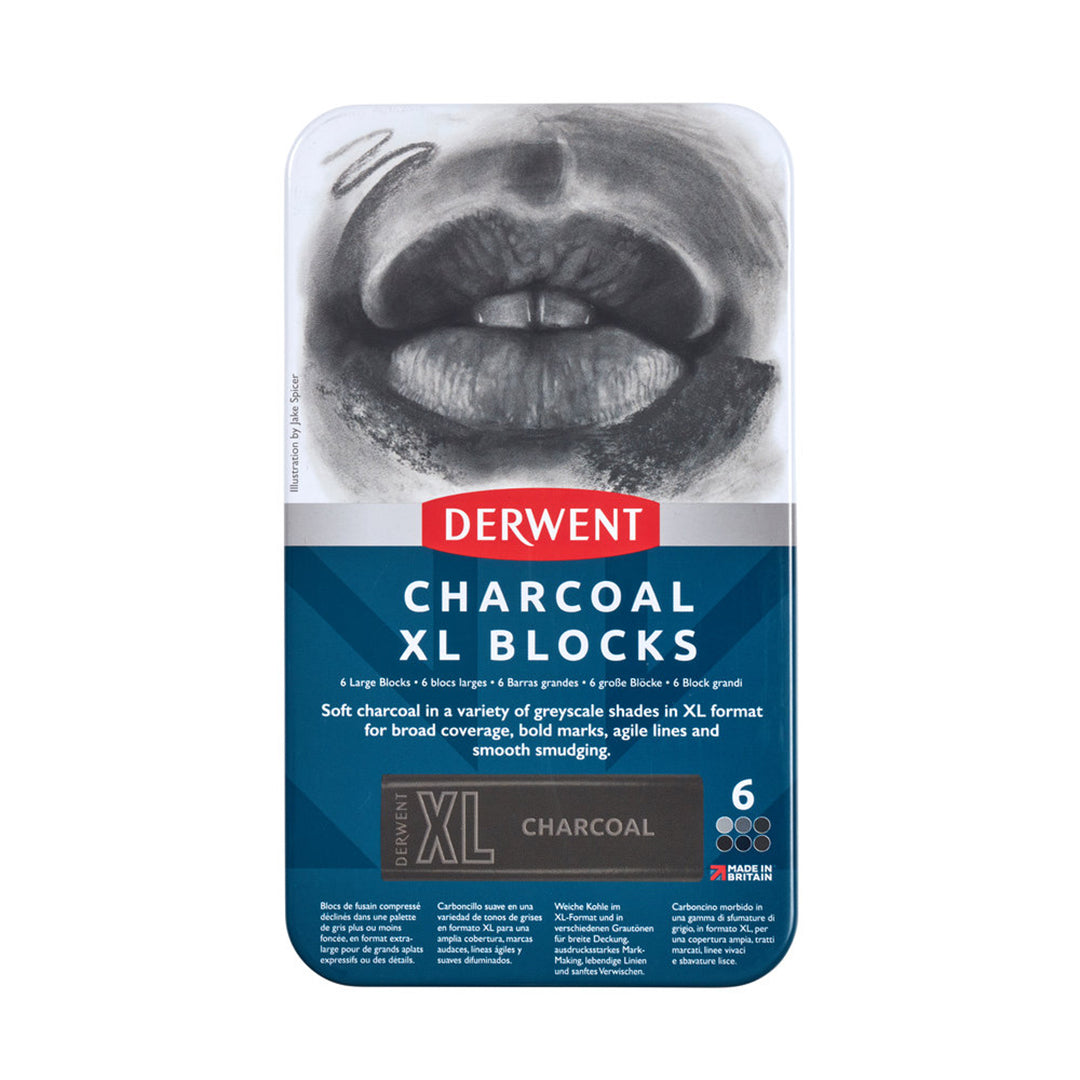 Derwent Charcoal XL Block Tin of 6 - Premium Artist Drawing Charcoal for Sketching & Shading - Perfect for Professional Artists & Art Students - Ideal for Portraits, Landscapes & Still Life Drawings