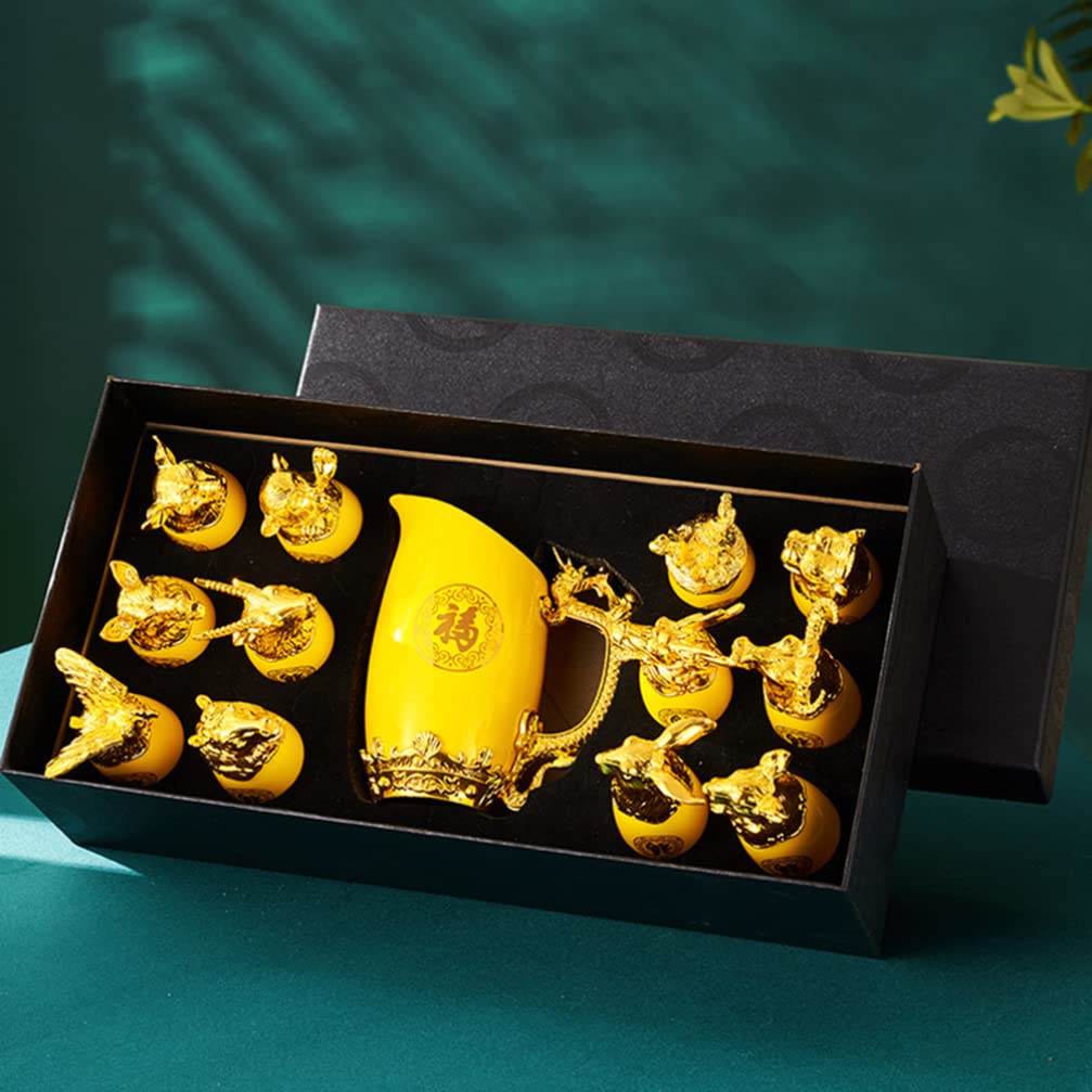 Vintage Chinese 12 Zodiac Sign Shot Glass Set - Whiskey, Soju & Baijiu Decanter with Retro Dispenser - Perfect for Home Bars, Asian-Themed Parties & Gift Giving