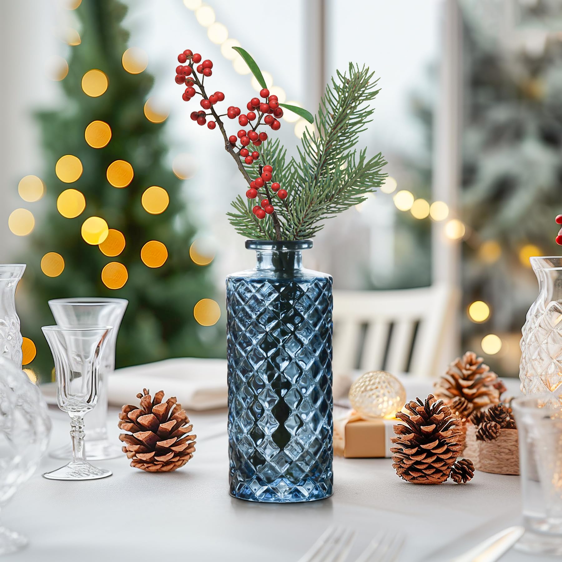 ComSaf Glass Bud Vases Set of 12 - Small Diamond Cut Mini Flower Vases for Wedding Centerpieces, Table Decor, Home & Housewarming Gifts (Grey Blue) | Perfect for Wedding Receptions, Dining Tables & Rustic Home Decor