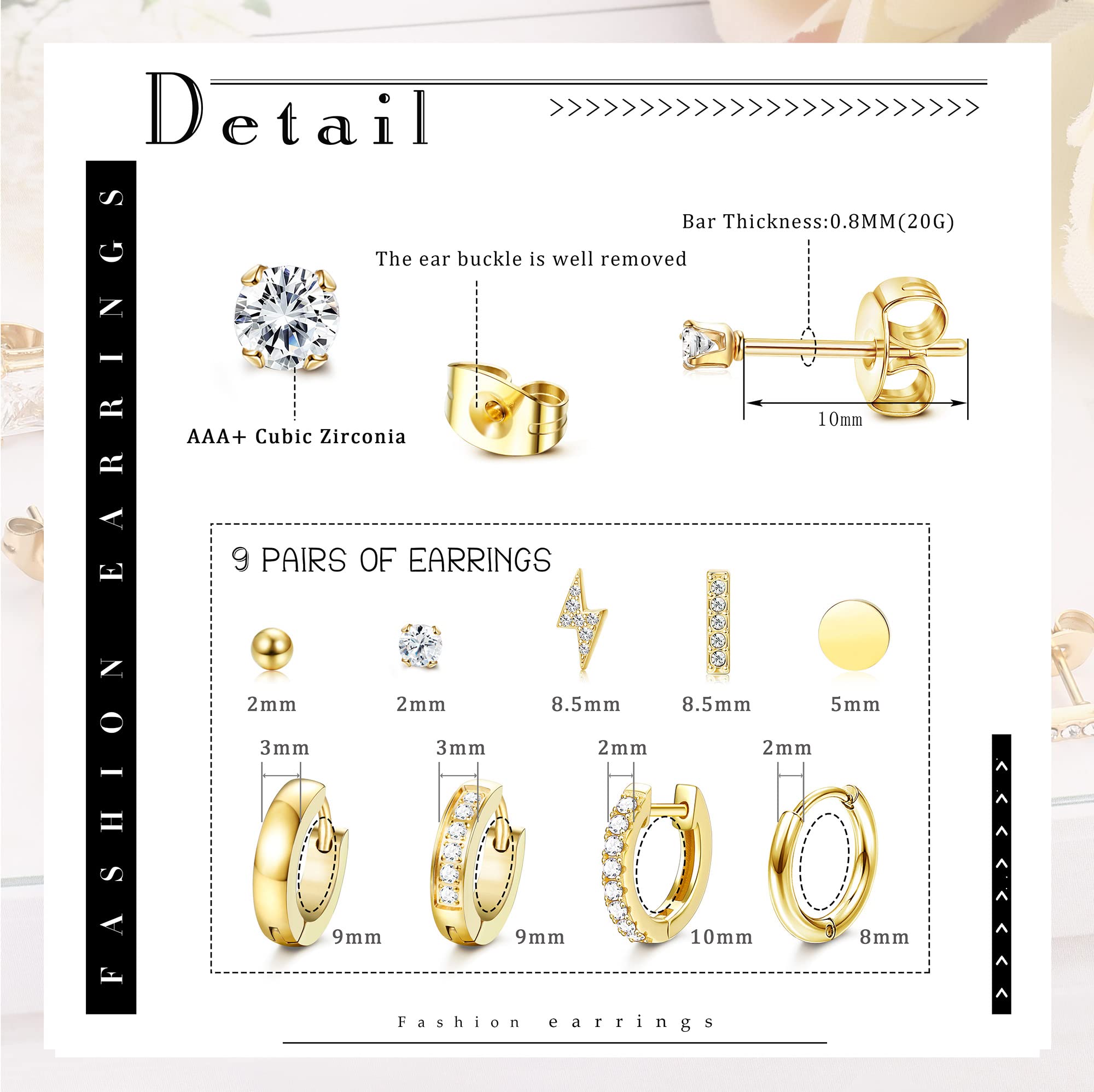 FASACCO 9 Pairs Huggie Hoop Earrings Set - Small CZ Stud Earrings for Cartilage, Helix, Tragus & Multiple Piercings | Dainty Minimalist Jewelry for Everyday Wear & Special Occasions