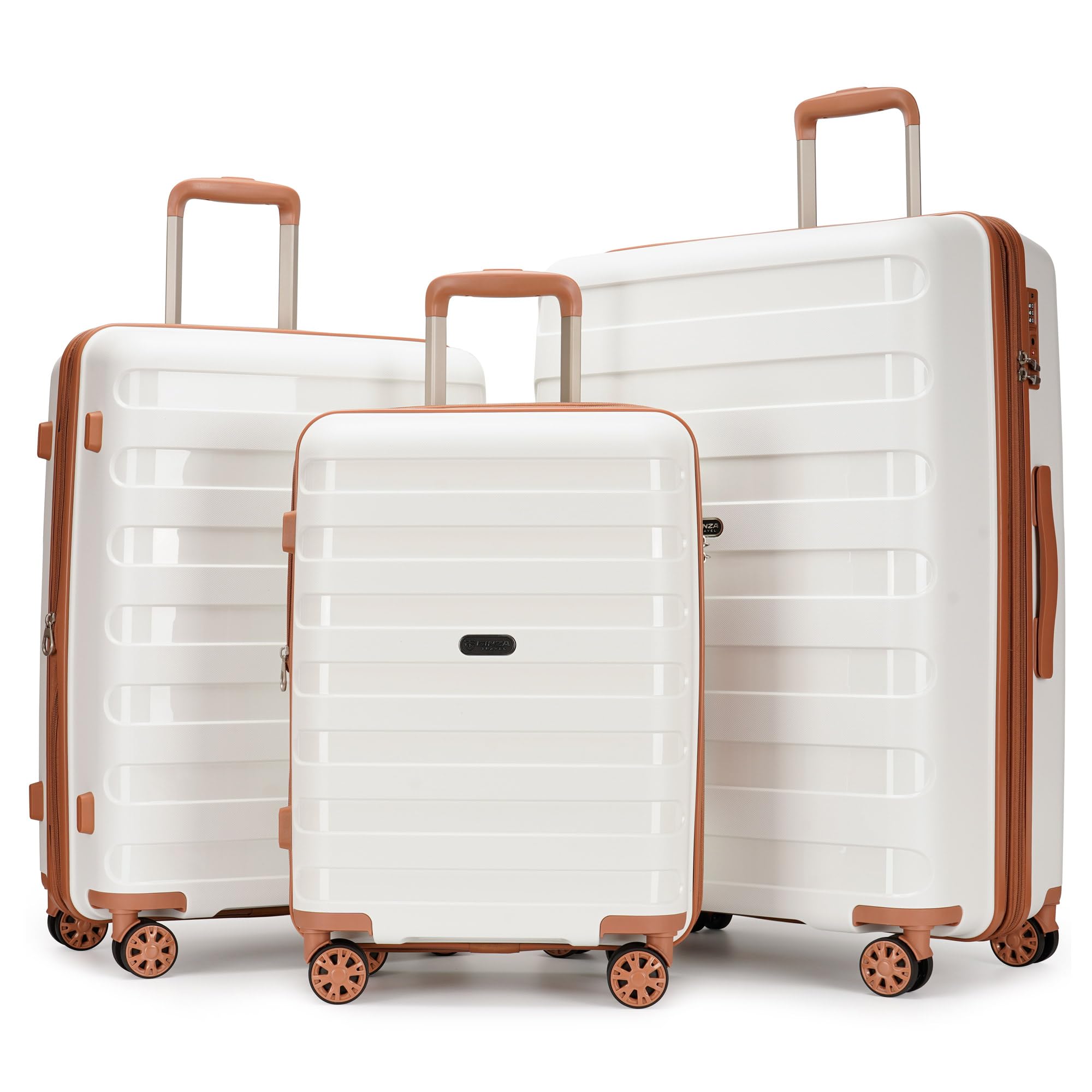 Expandable 3-Piece PP Luggage Set with Spinner Wheels & TSA Lock - 20/24/28 Inch Large Suitcases for Family Travel (White & Brown) - Perfect for Air Travel, Business Trips & Vacation Packing