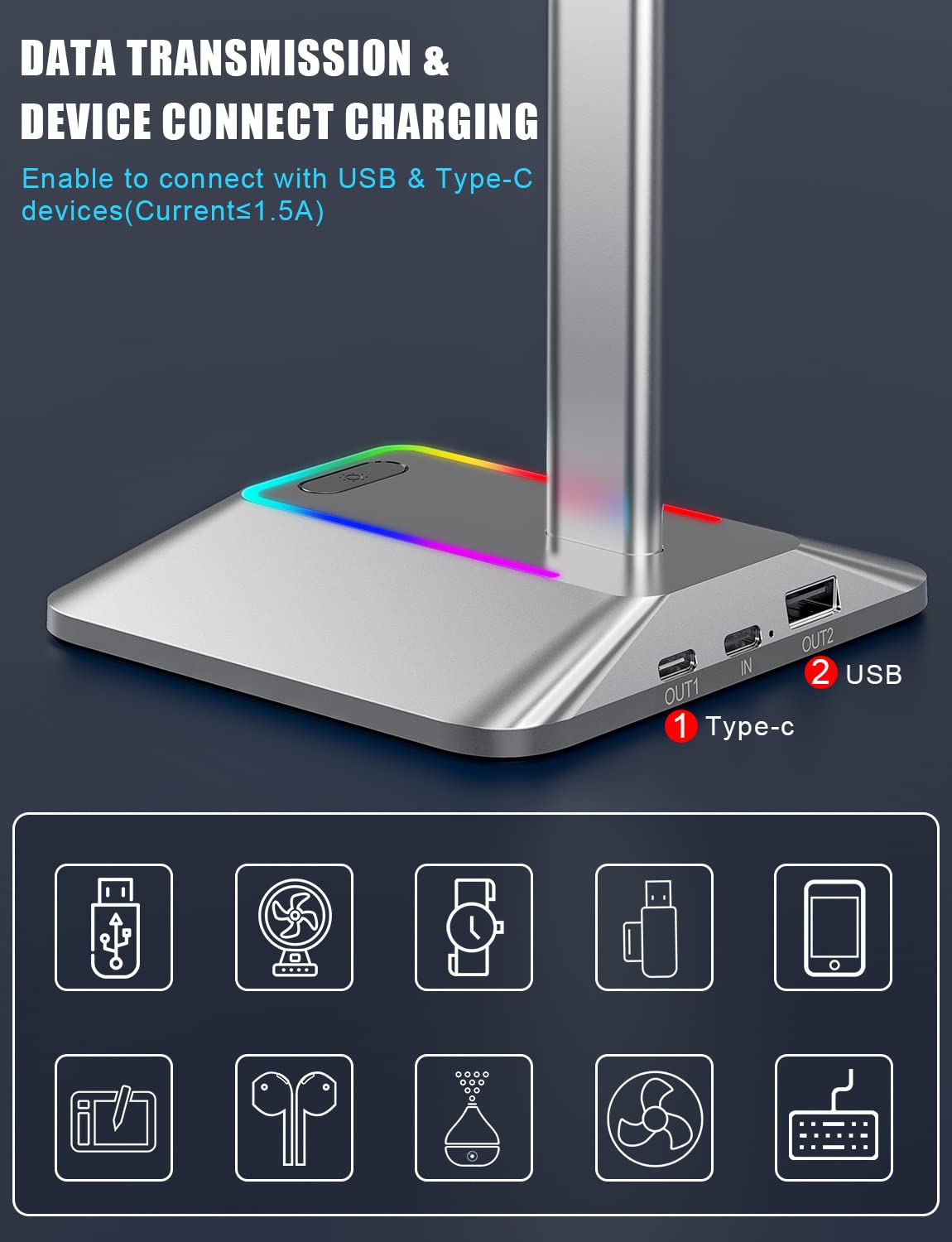 New Bee RGB Gaming Headset Stand with USB Data Port & USB-C Charging - Premium Aluminum Headphone Holder for PC, Desk, Gaming Setup - Perfect for Gamers & Streamers (Silver)