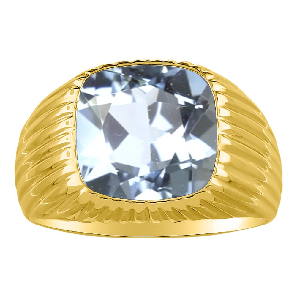 14K Yellow Gold Men's Simulated Aquamarine Ring - Stylish Band Rings for Men, Perfect for Weddings, Anniversaries, and Everyday Elegance