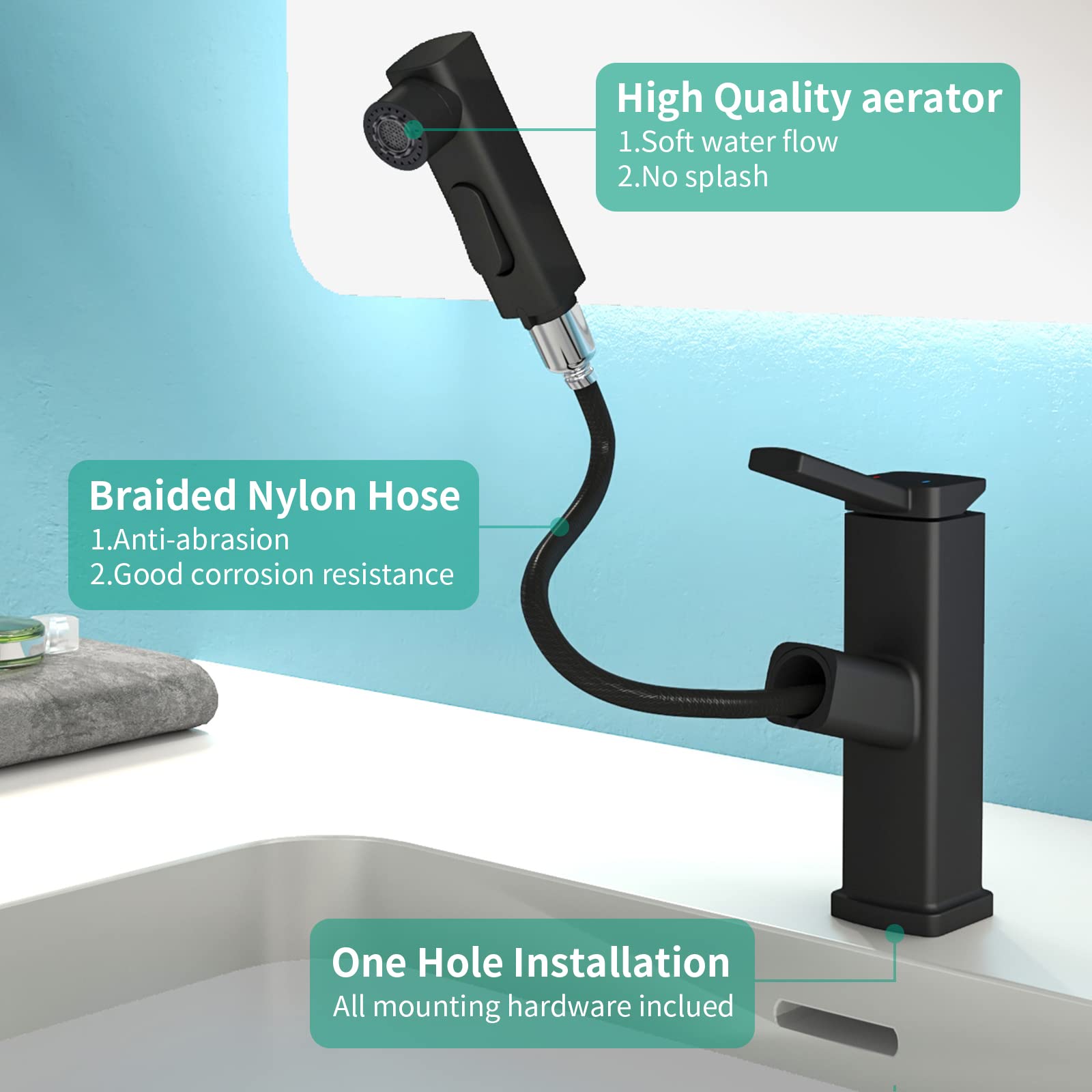 HEROBAI Single Hole Bathroom Faucet with Sprayer - 3 Flow Modes for Modern Sinks (Black)