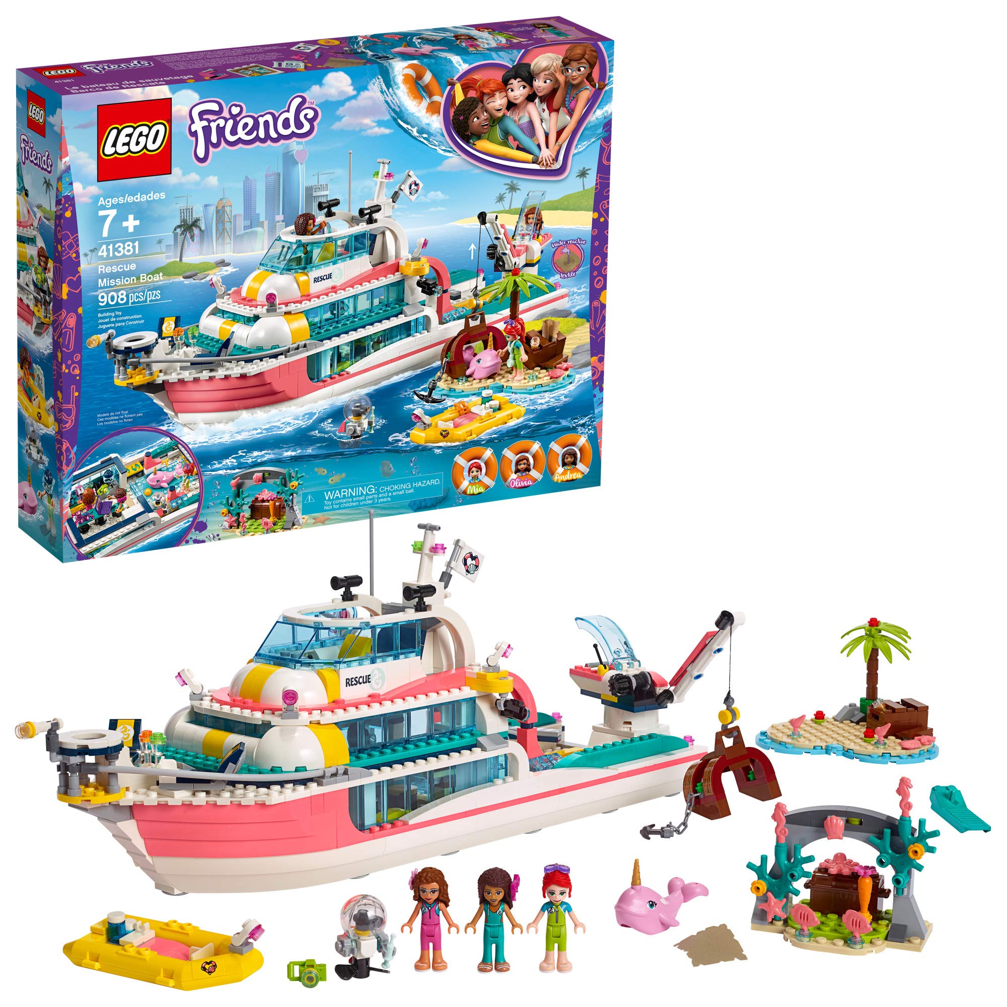 **LEGO Friends Rescue Mission Boat 41381 Building Kit – 908-Piece Toy Boat with Mini Dolls, Narwhal Figure & Treasure Box – Creative Ocean Rescue Playset for Kids Ages 6+ (Great for Imaginative Play & Storytelling Adventures)**