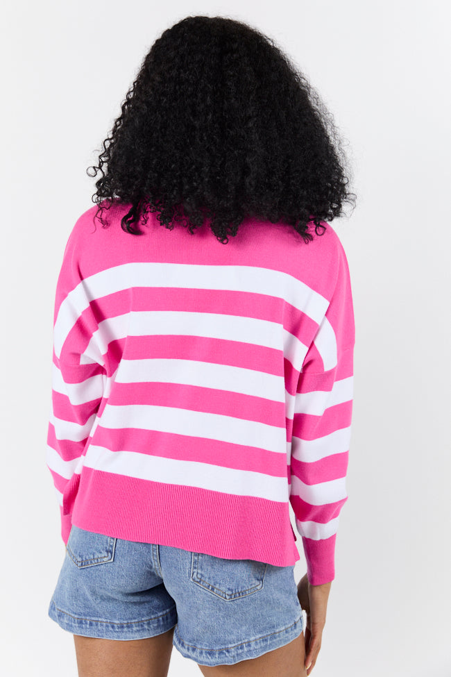 Stylish Pink Stripe Quarter Zip Pullover Sweater - Hip Length for Women | Perfect for Casual Outfits, Layering & Fall Fashion