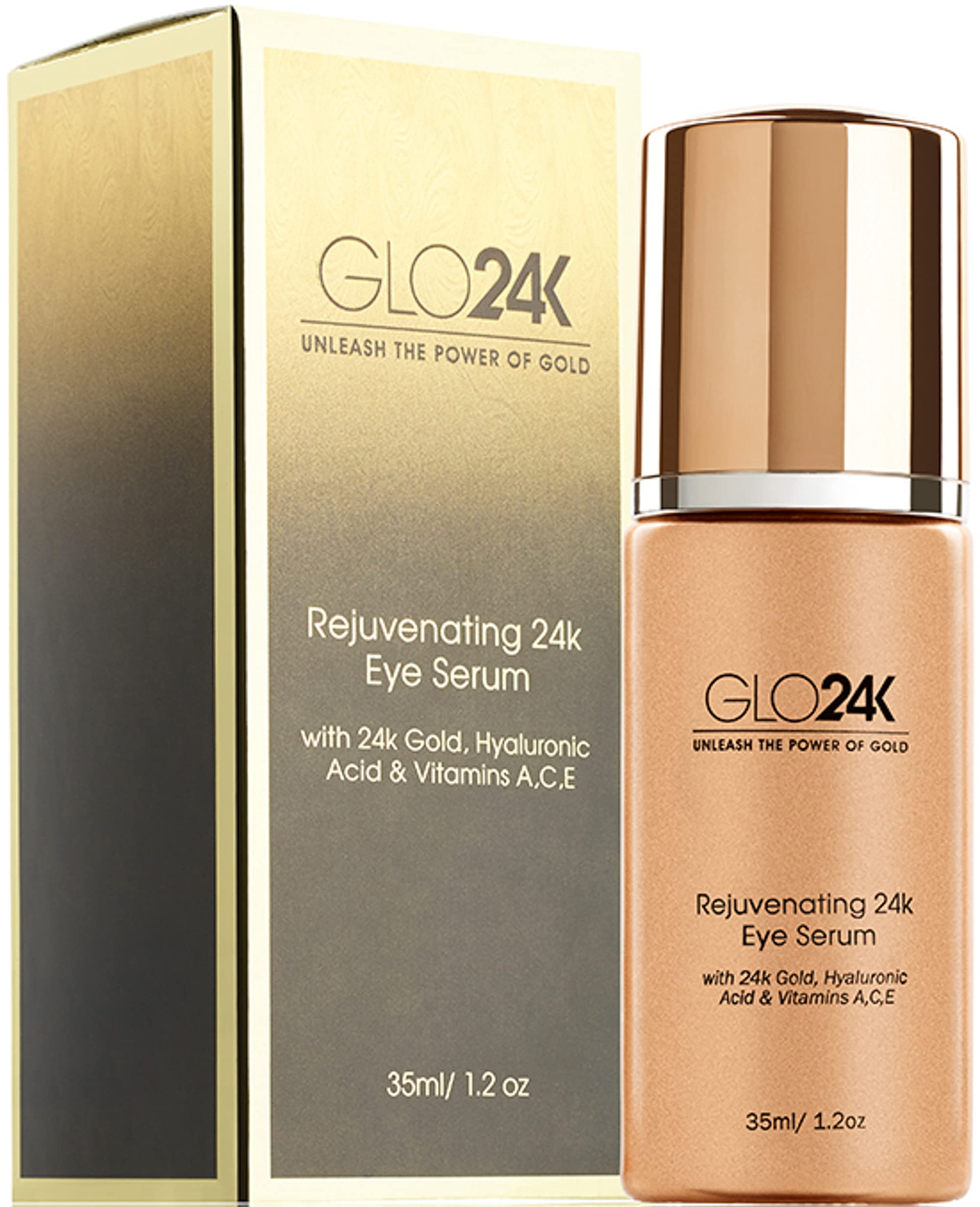 GLO24K Gold Eye Serum - Anti-Aging Treatment with 24K Gold, Vitamins & Hyaluronic Acid - Reduce Dark Circles & Wrinkles for Brighter, Younger-Looking Eyes (Day & Night Use)