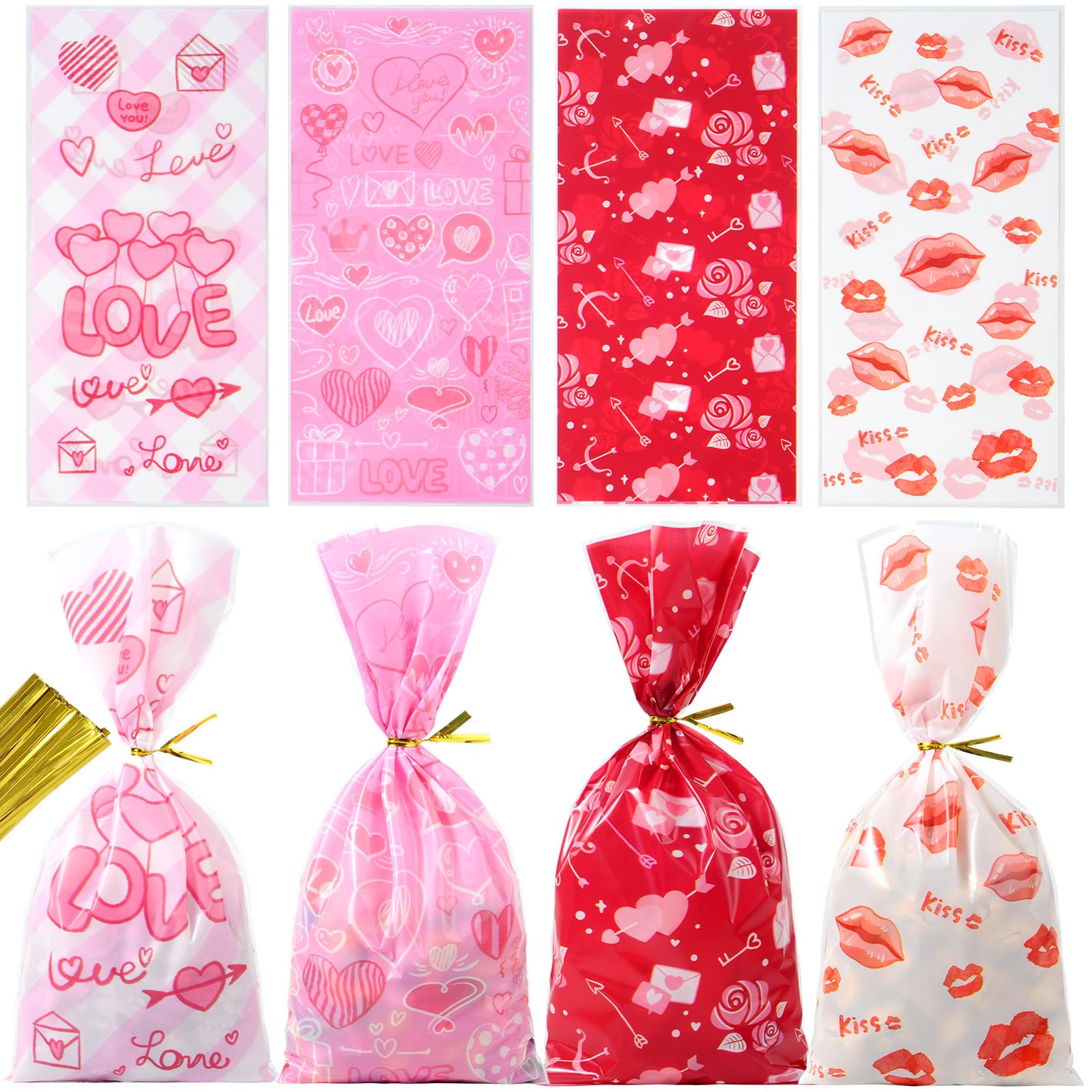 50 Pack Valentine's Day Cellophane Bags with Twist Ties - 5x10.5 Inch Red Heart Cello Bags for Candy, Treats & Party Favors - Perfect for Weddings, Anniversaries & Holiday Gift Wrapping