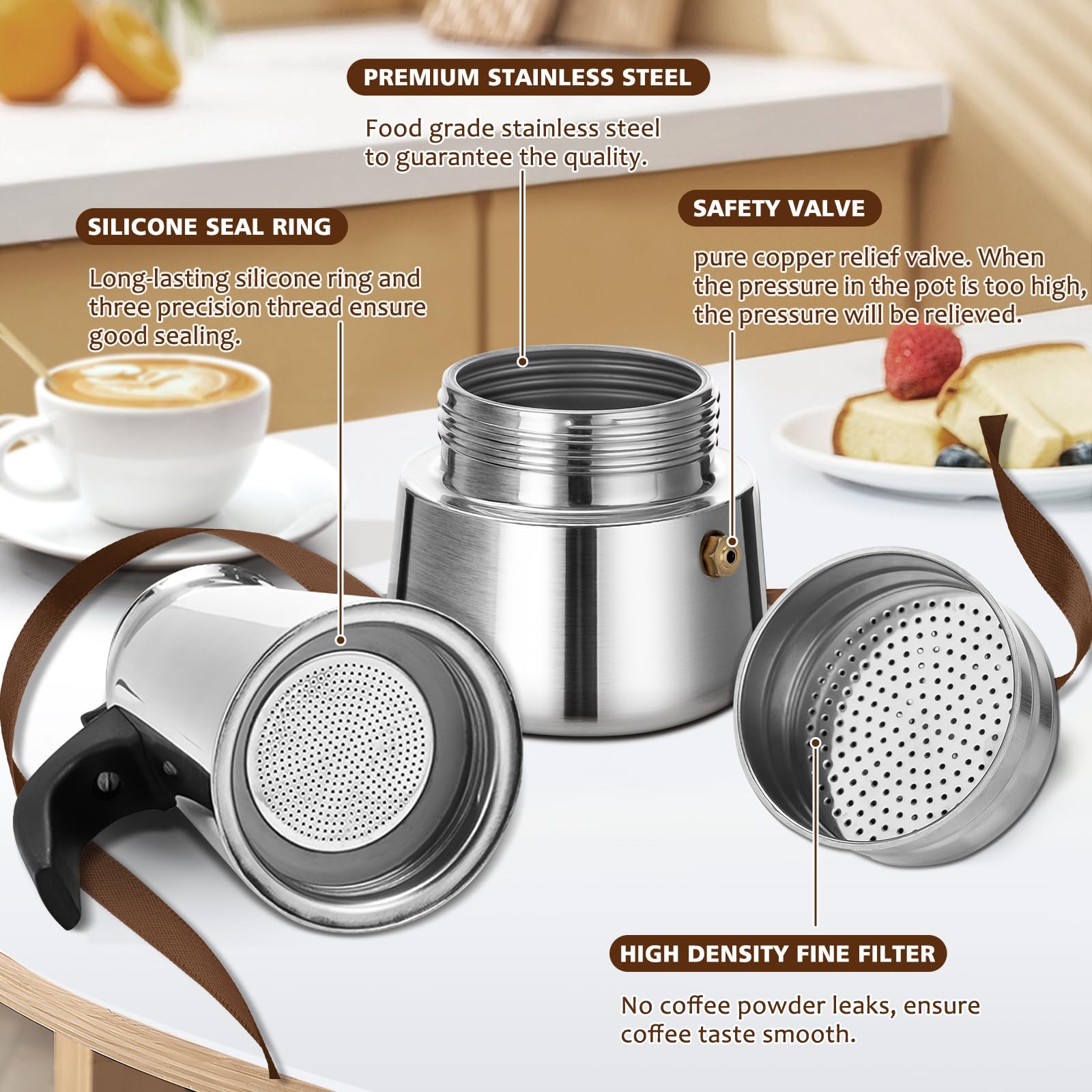 Stovetop Espresso Maker - 6 Cup Italian Moka Pot, 300ml/10oz Stainless Steel Coffee Percolator for Induction Cooktops & Gas Stoves | Perfect for Home Brewing, Camping & Cafe Style Espresso