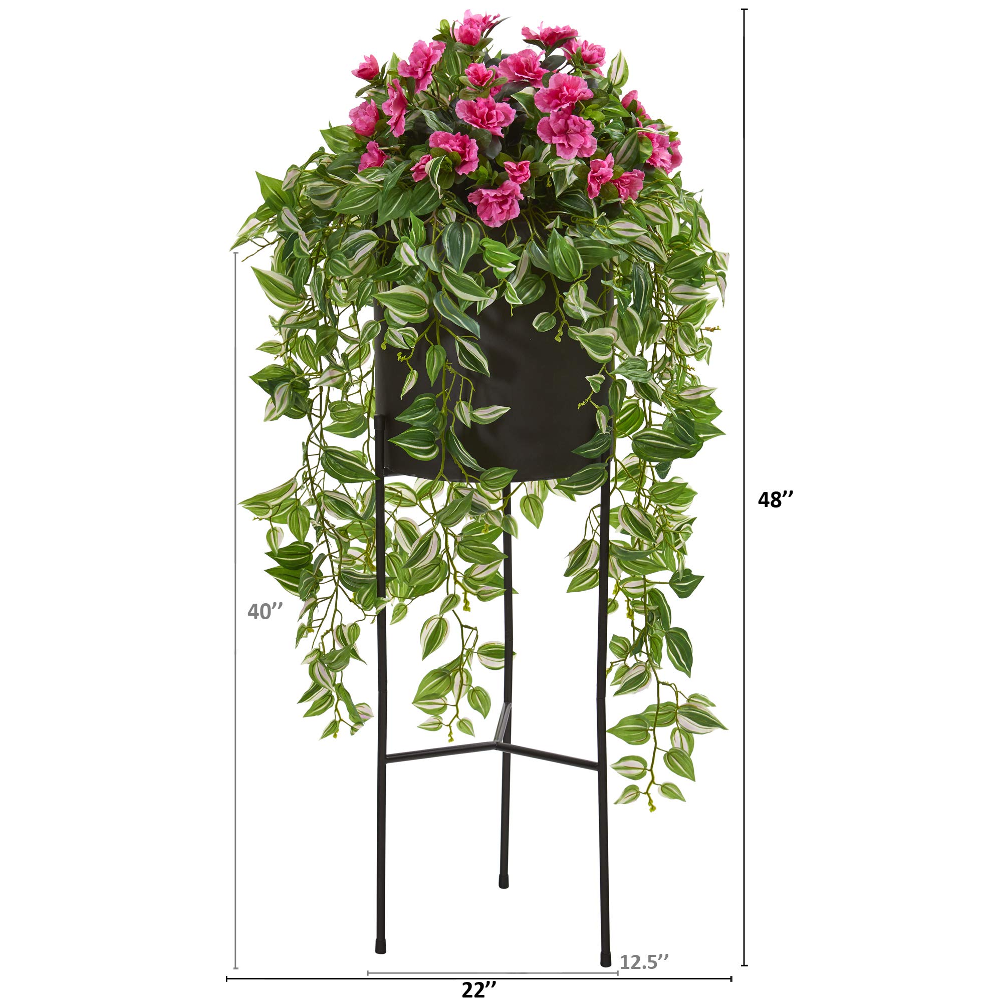 Nearly Natural 4ft Artificial Azalea Silk Plant with Wandering Jew in Black Planter - Pink Flowers for Home, Office, and Wedding Decor
