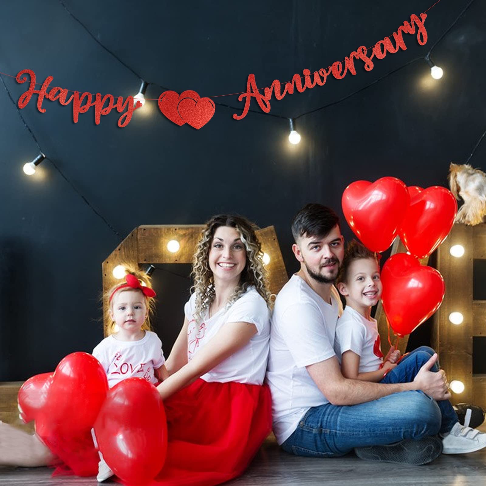 BETESSIN Happy Anniversary Banner - Glitter Paper Garland Bunting with Red Heart Photo Props for Wedding & Anniversary Decorations - Perfect for Party, Ceremony & Romantic Events - Red