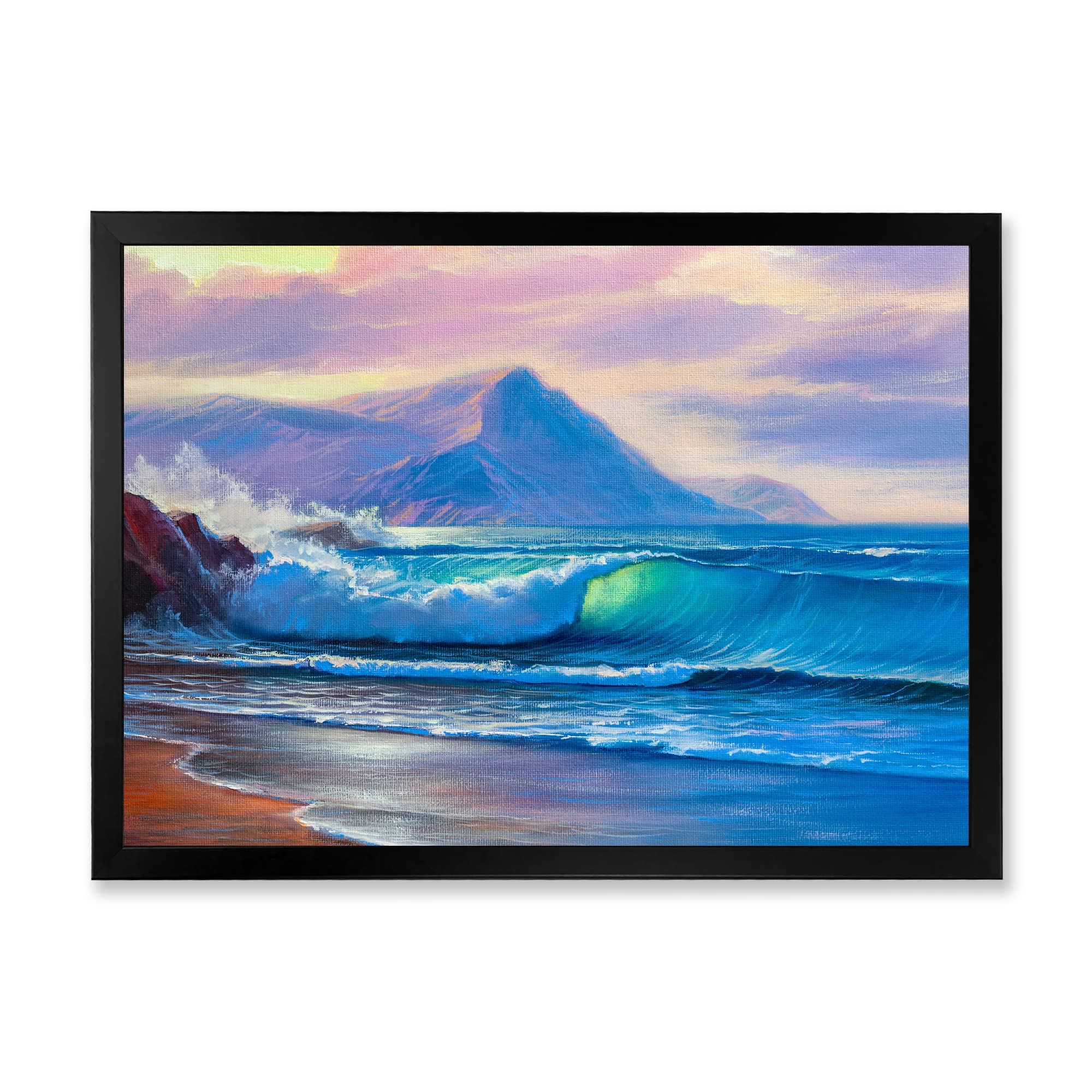 Blue Waves Breaking At The Beach - Nautical & Coastal Framed Wall Art Decor for Living Room, Bedroom, Office | Ocean Themed Home Decoration