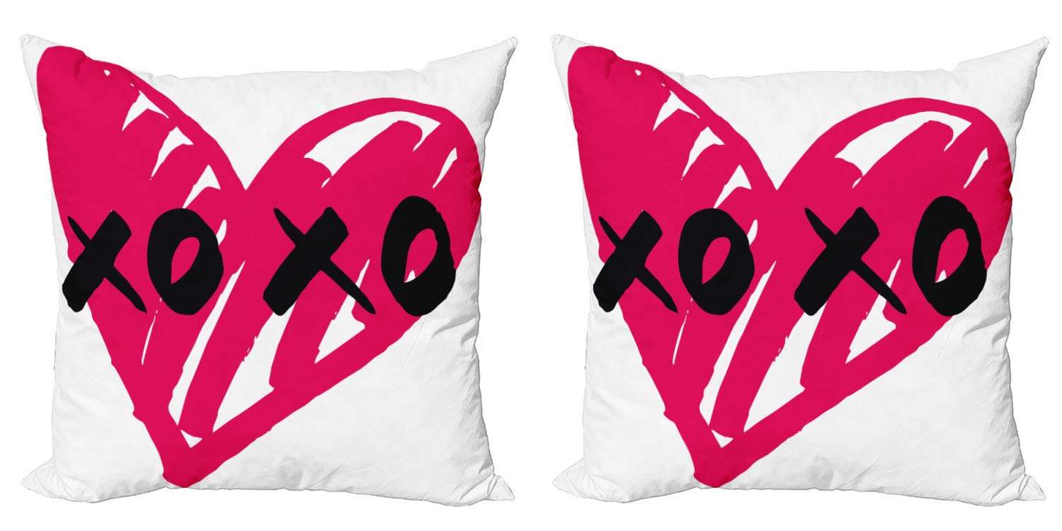 Ambesonne Xo Decorative Throw Pillow Covers Pack of 2 - Romantic Heart Kisses Abstract Calligraphy Design for Couples, 20 Inch Pink & Black Cushion Covers - Perfect for Sofa, Bedroom & Living Room Decor