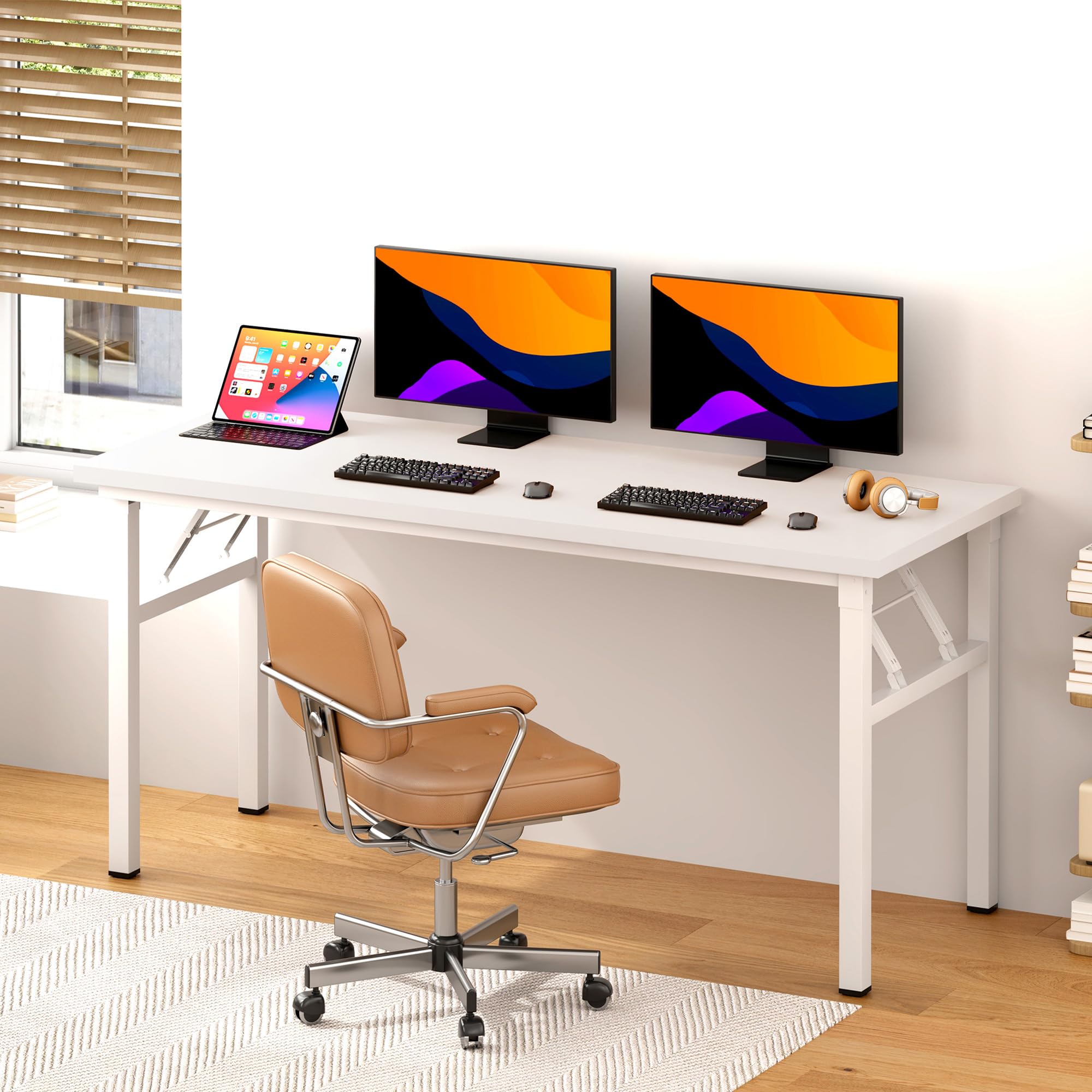 DlandHome 62 Inch Computer Desk - Sturdy Metal Frame Office Desk, Study Writing Table, No Assembly Required, White - Perfect for Home Office, Gaming & Remote Work