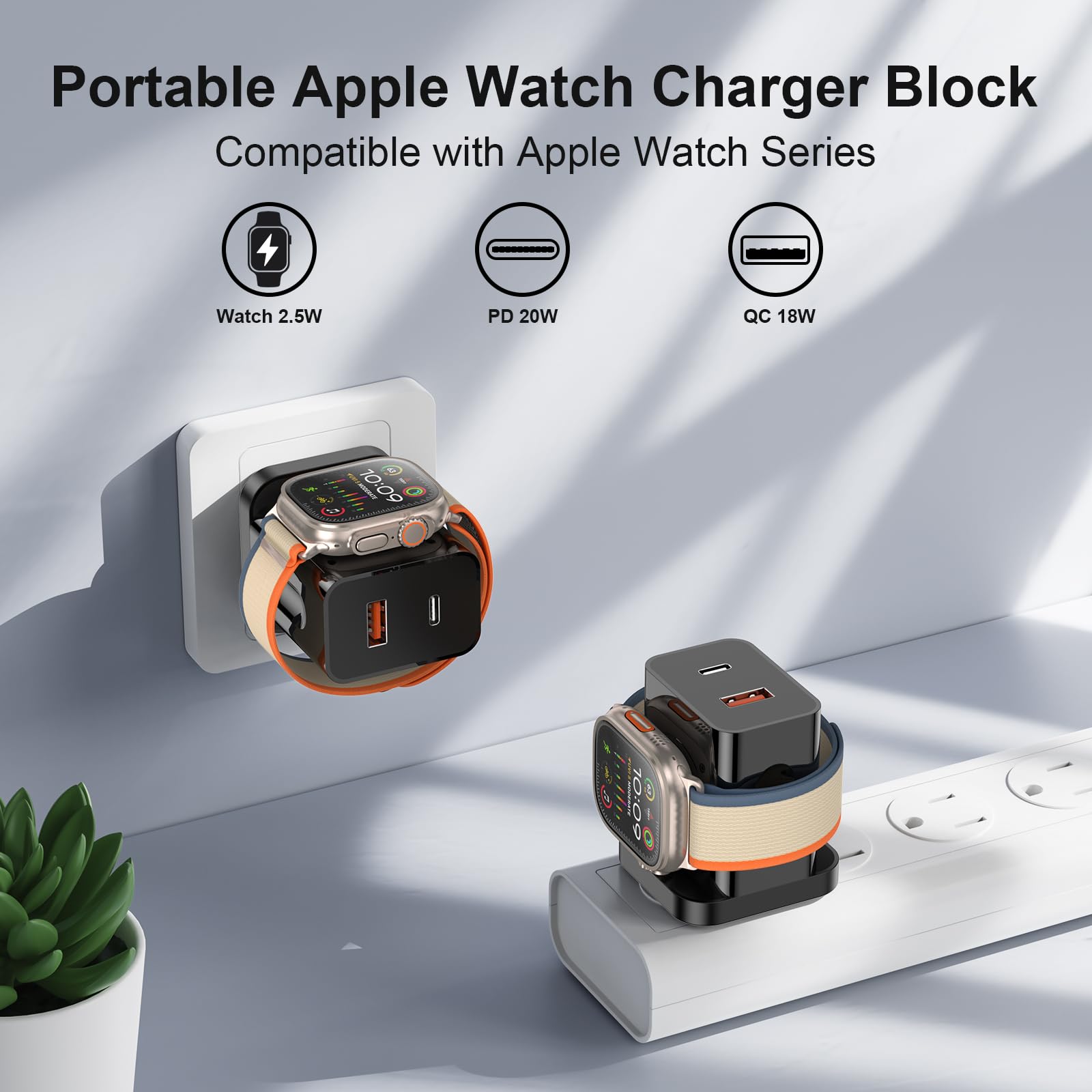 BEVIU 27W 3-in-1 Fast Charging Block for Apple Watch & iPhone - Magnetic Wireless Charger with Dual USB C PD Ports, Compact Travel Plug for Apple Watch Series 8/7/6/SE & iPhone 15/14/13/12 - Perfect for Home, Office & Travel (Black)