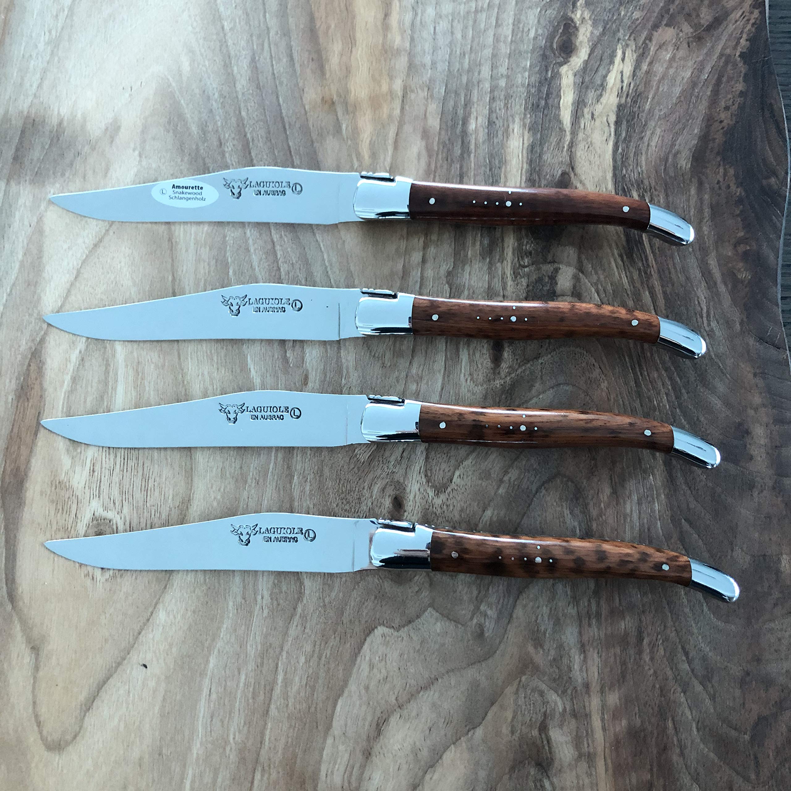 Laguiole en Aubrac Luxury Forged Full Tang Stainless Steel Steak Knives Set - 4-Piece with Amourette Snakewood Handle & Shiny Bolsters - Perfect for Fine Dining, Steakhouse Experience & Gourmet Gifts