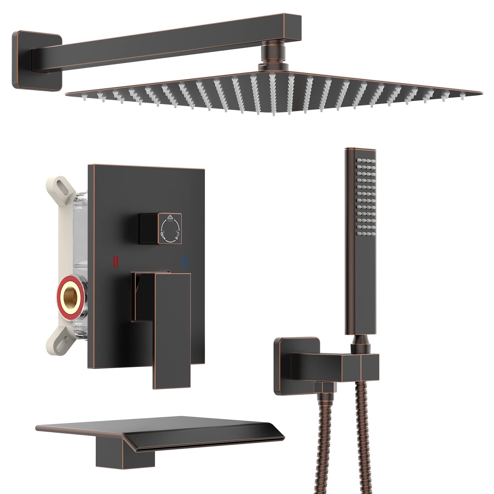 3-Function Square Shower Faucet Set with 12 Inch Rain Shower Head & Handheld - Oil Rubbed Bronze Finish for Luxurious Bathroom Upgrade | Perfect for Master Bath, Spa-Like Experience & Modern Home Renovation