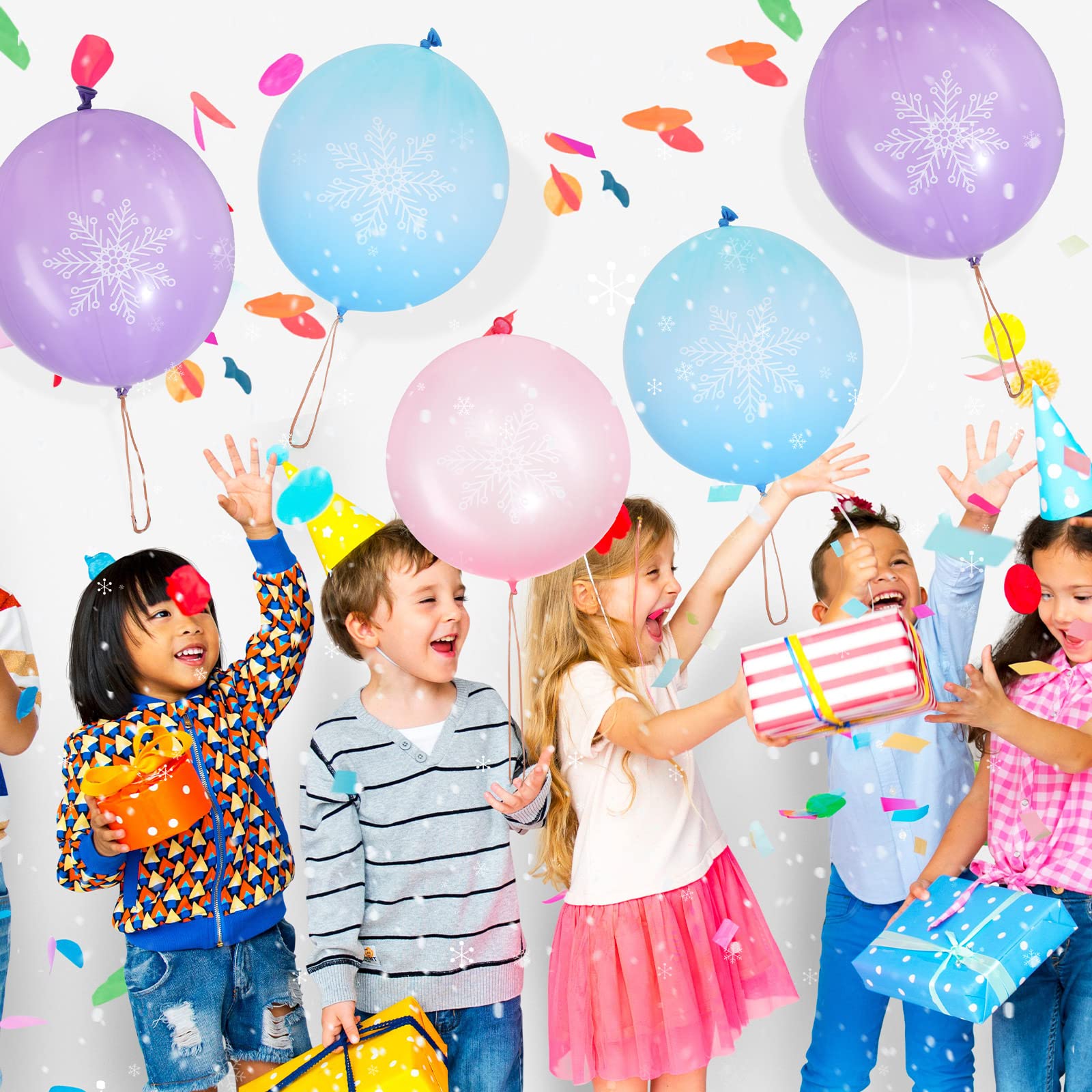 Leitee 36 Pcs 18 Inch Snowflake Punch Balloons - Winter Party Decorations, Carnival Prizes & Birthday Party Favors with Rubber Band Handles - Perfect for School Games, Daily Play & Holiday Celebrations