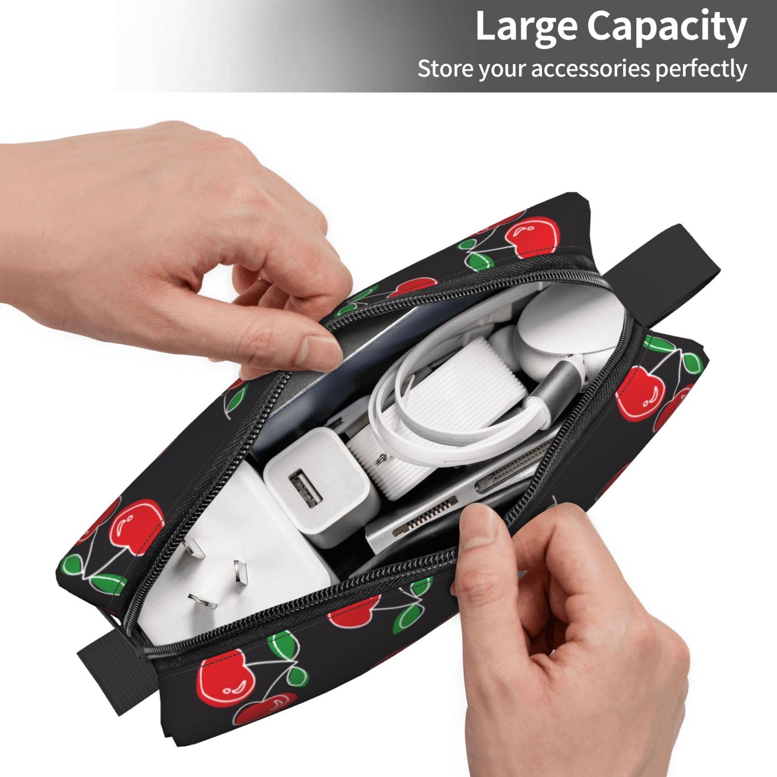 Red Cherry Black Makeup Bag Organizer - Small Cosmetic Travel Toiletry Bag with Handle - Portable Zipper Pouch for Women & Girls - Perfect for Travel, Gym, and Daily Essentials Storage