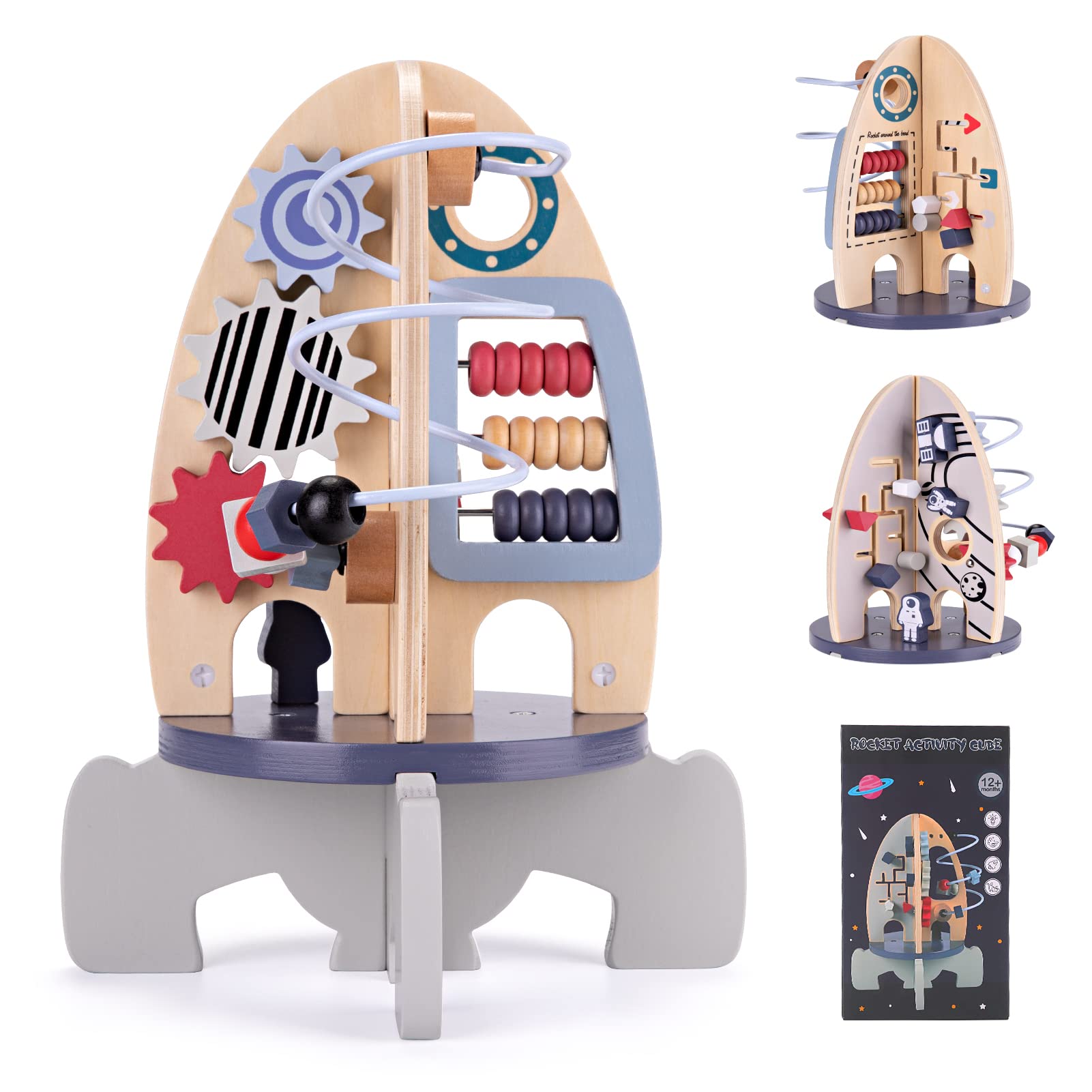 Montessori Wooden Activity Cube Toy for 1 Year Old Boys & Girls - Educational Sensory Busy Board with Rocket Design - Perfect 1st Birthday Gift for Babies 6-18 Months | Ideal for Early Learning, Fine Motor Skills Development & Toddler Playtime