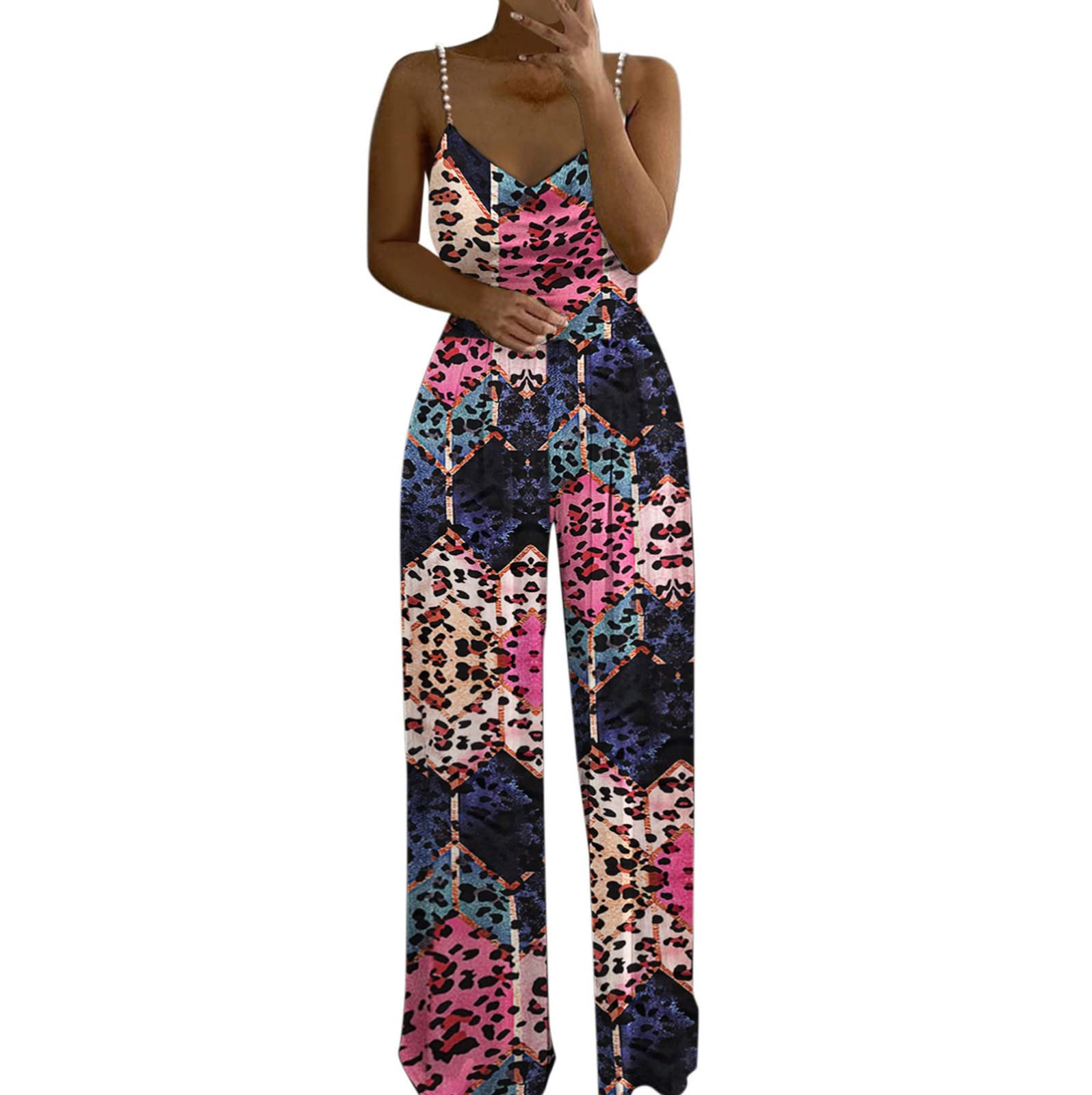 Women's Two Pearl Strap Sweetheart V-Neck High Waist Tube Jumpsuit - Summer Dressy Romper for Casual Outings, Beach Vacations & Evening Parties
