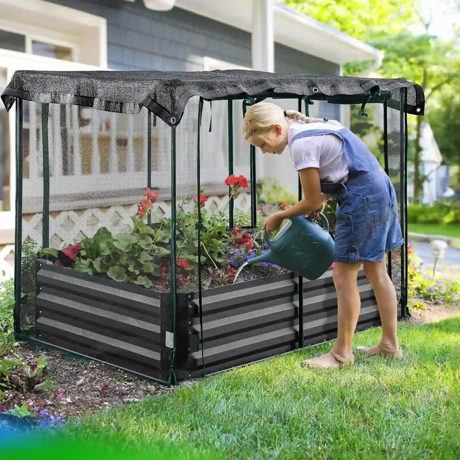 Durable Galvanized Steel Raised Garden Bed with Protective Netting - Perfect for Outdoor Gardening, Vegetables, Flowers, and Herbs