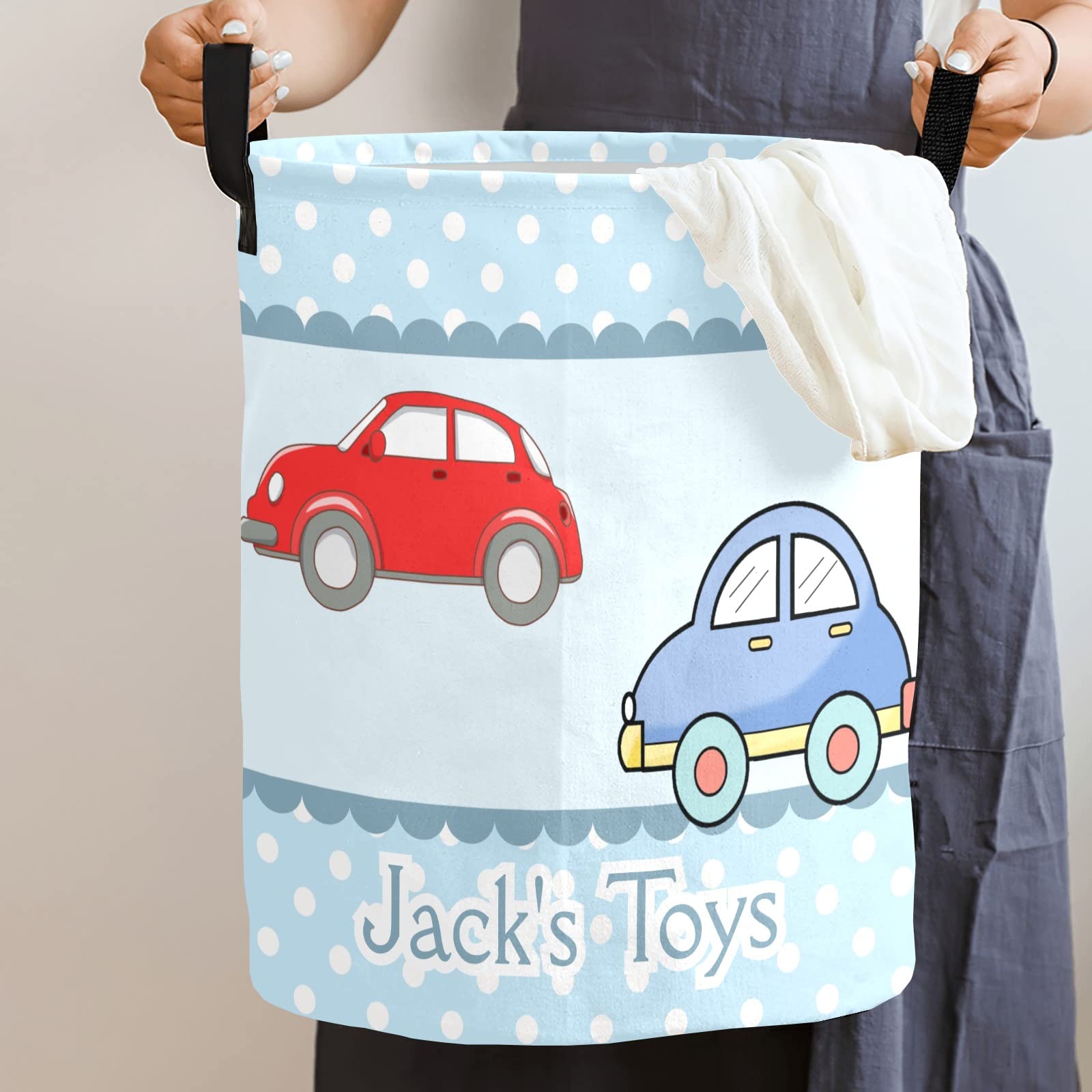 Personalized Toy Car Laundry Hamper - Custom Waterproof Collapsible Drawstring Clothes Basket with Handle | Kids Room Storage, Nursery Organization & Toy Storage Solution