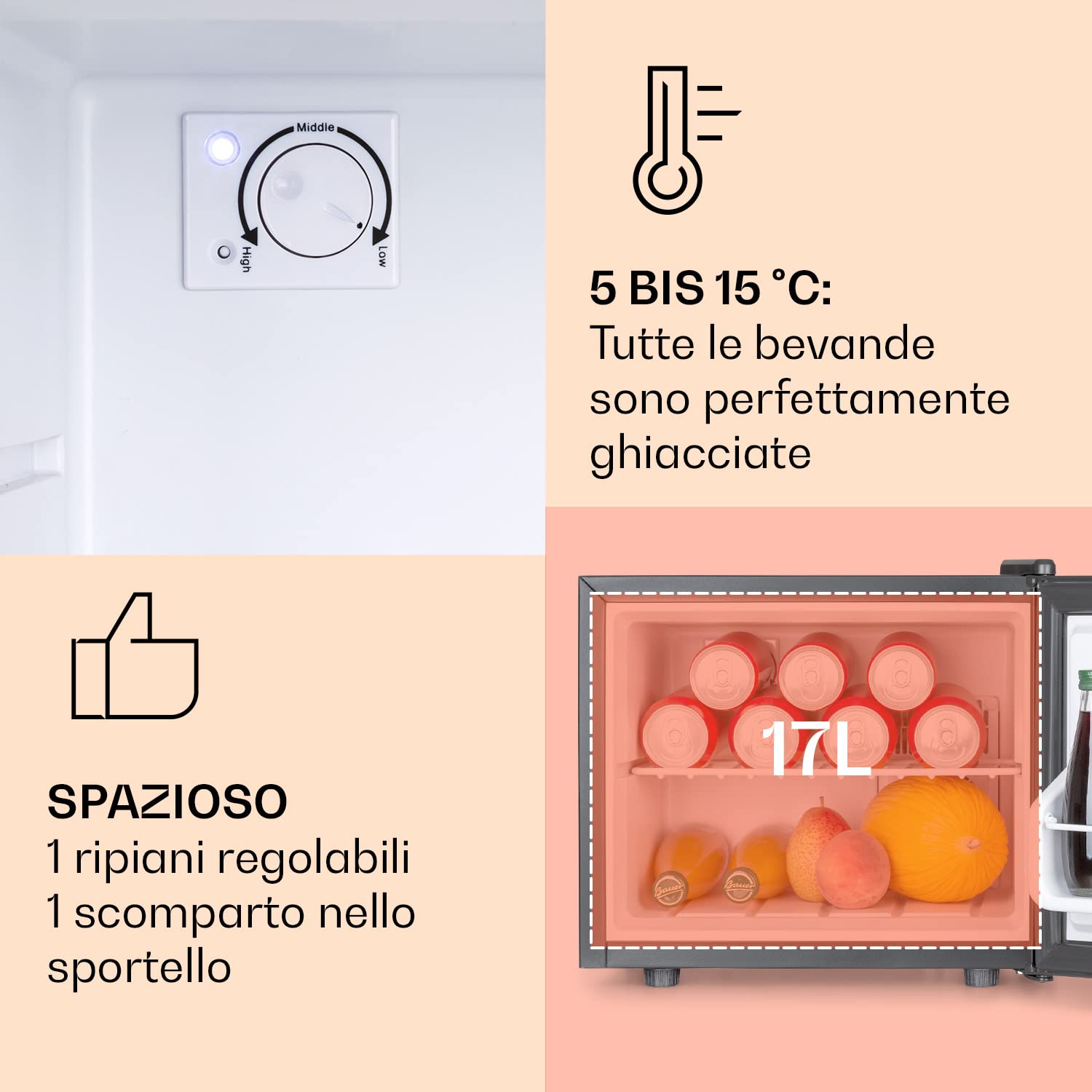 Klarstein Secret Hideaway Mini Fridge - 17L Compact Refrigerator for Snacks & Drinks, Ultra Quiet 26dB, Adjustable Temperature, Removable Shelf, Black - Perfect for Dorm, Office, Bedroom, or Home Bar