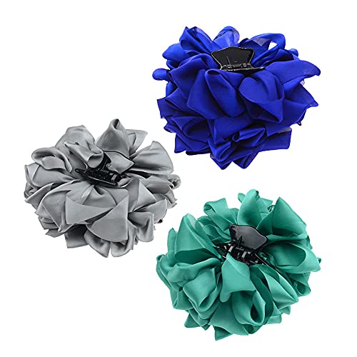 3PCS Elegant Silk Ribbon Flower Hair Clips for Women - Non-Slip Jaw Clamps, Fashion Hair Accessories in Navy/Green/Grey - Perfect for Weddings, Parties & Daily Styling