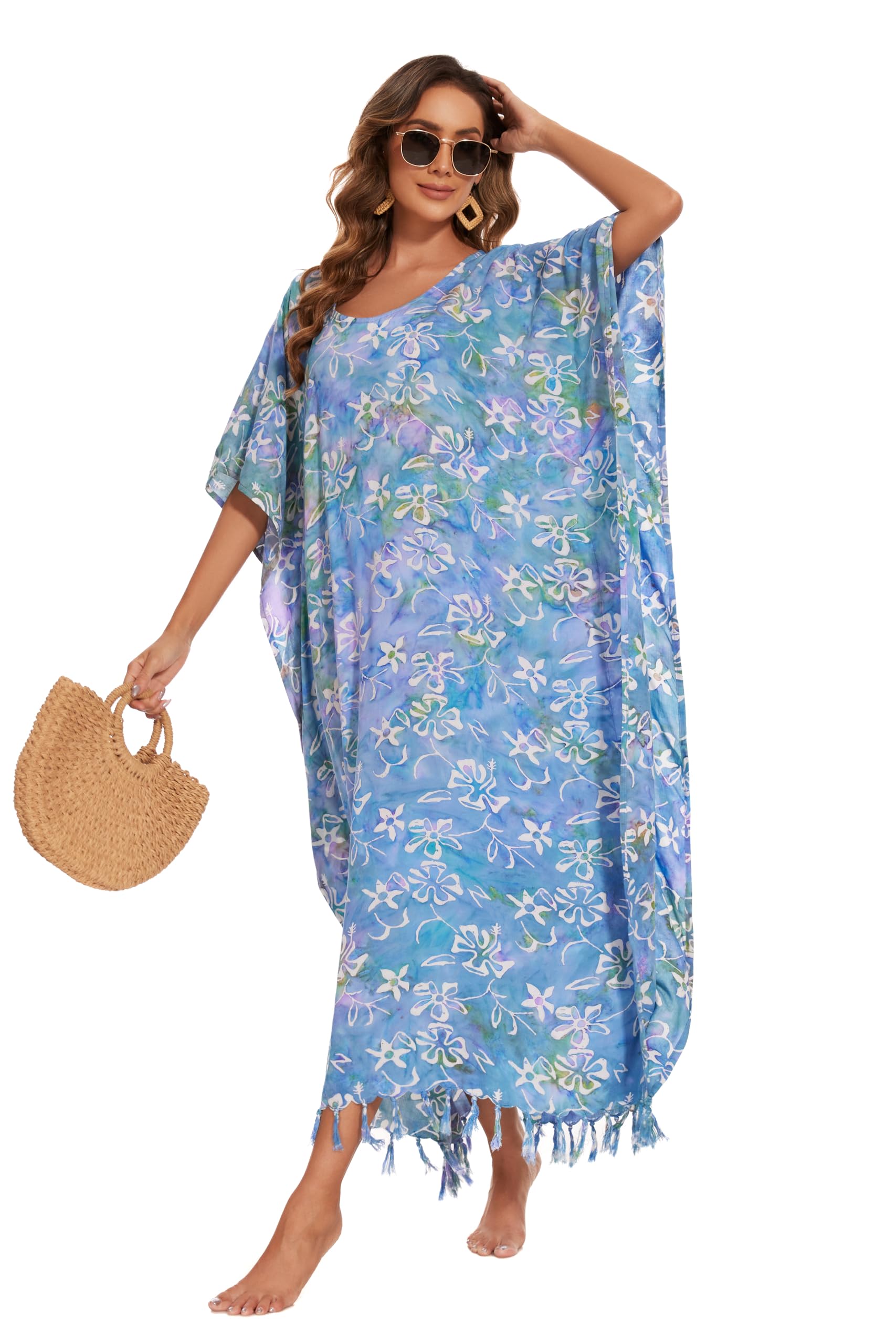 Beautybatik Moss Green Women's Hand Blocked Batik Rayon Caftan - Boho Maxi Dress for Plus Size (XL to 4X) | Perfect for Beach Cover-Up, Summer Loungewear & Vacation Outfits