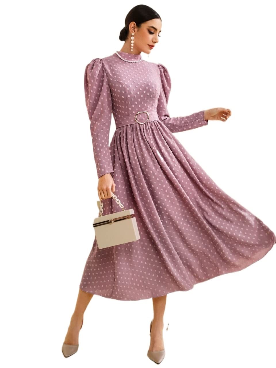 2022 Women's Summer Dresses - Mock Neck Puff Sleeve Swiss Dot Belted Midi Dress for Casual Wear, Beach Vacation & Date Night Outfits