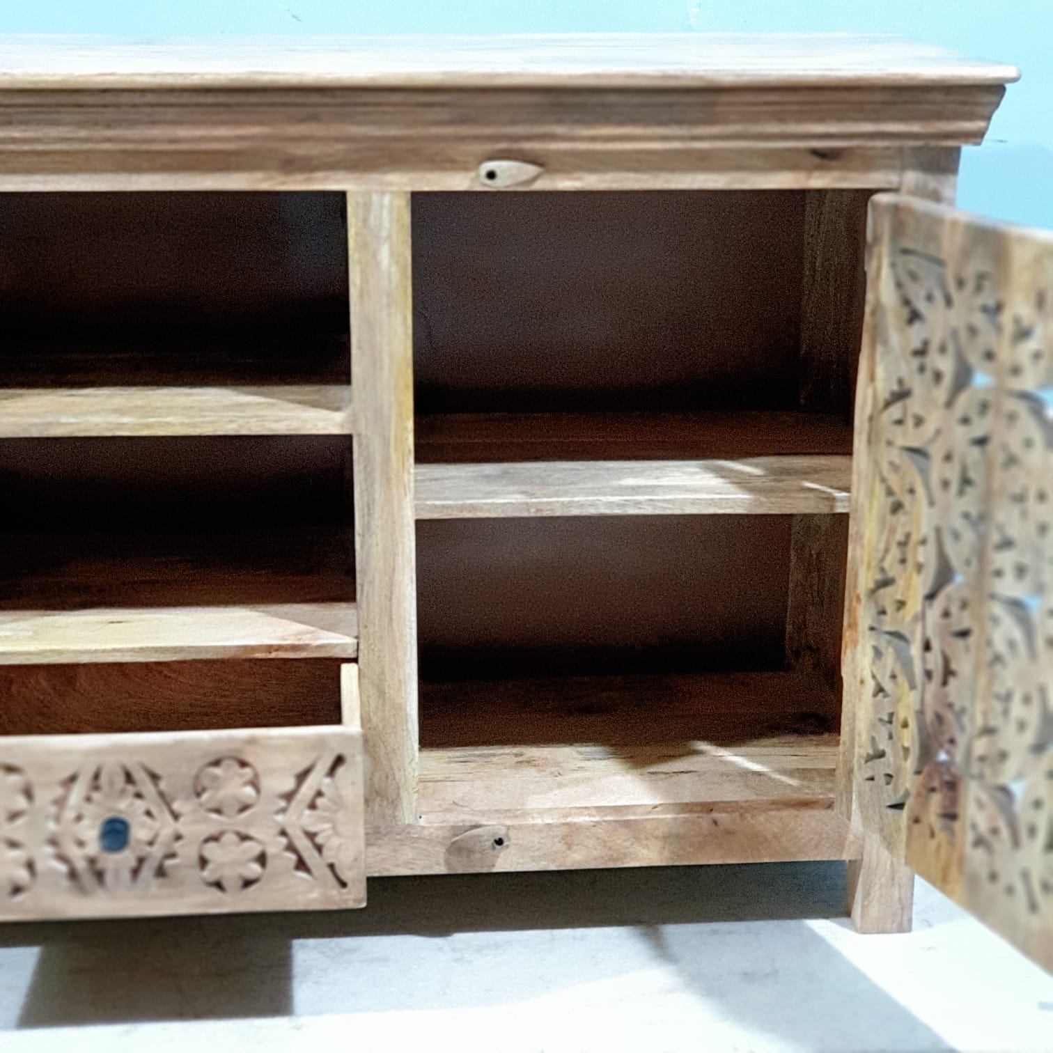 Handmade Carved Indian Mango Wood 2 Door 1 Drawer Sideboard Cabinet - Natural Finish for Dining Room, Living Room & Entryway Storage