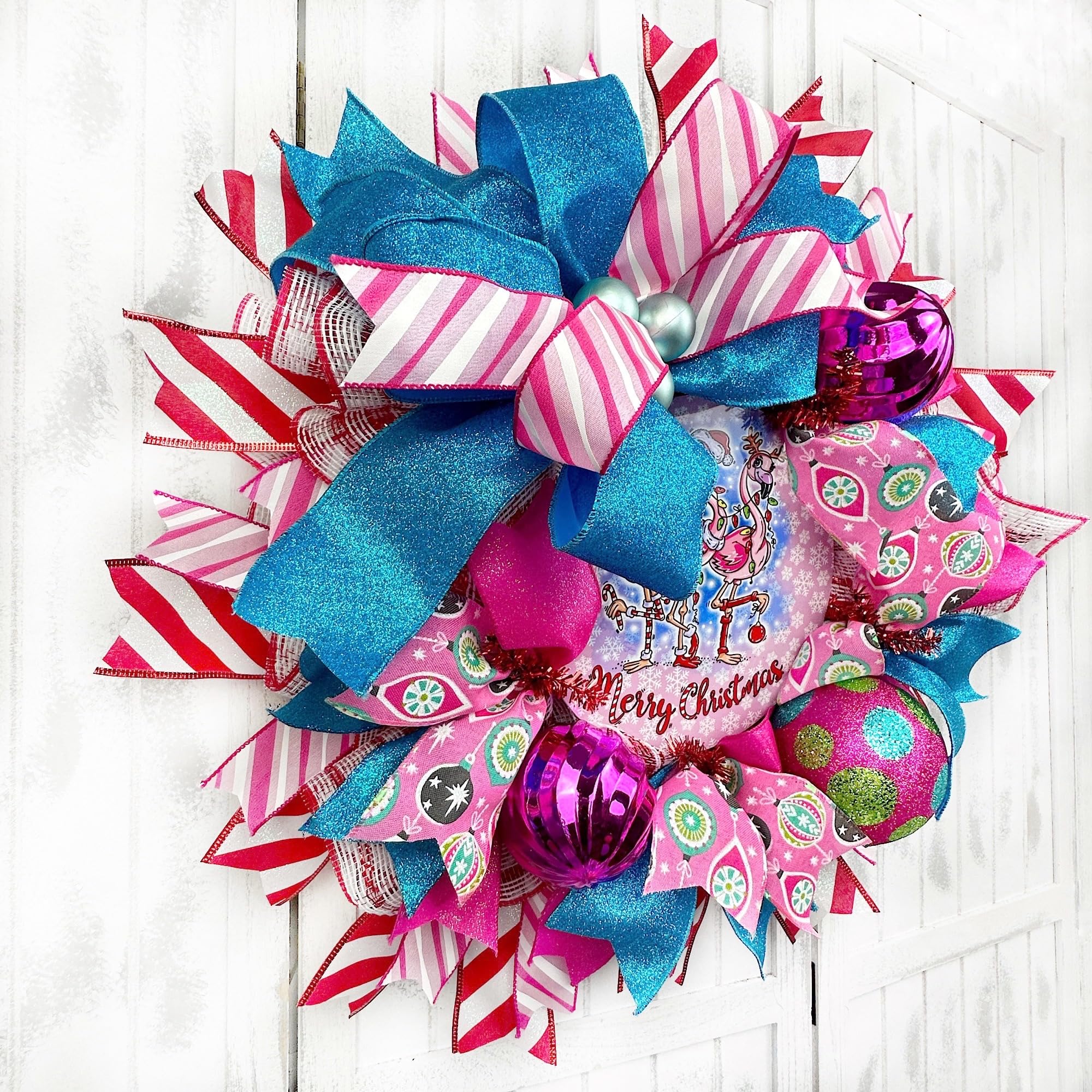 Handmade Coastal Flamingo Christmas Wreath with Ball Ornaments & Bow - Nautical Beach Holiday Door Hanger Decor for Front Door, Porch, and Wall - Perfect for Christmas, Beach House, and Coastal Theme Parties