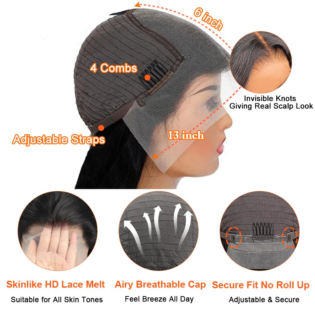 13x6 HD Lace Front Wig 250% Density Human Hair - Body Wave Glueless Wig with Pre-Plucked Hairline & Baby Hair for Black Women | Perfect for Daily Wear, Parties & Special Occasions (28 Inch)