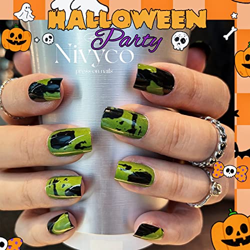 Short Square Press On Nails - Medium Length Halloween Fake Nails with Glossy Acrylic & Green Irregular Pattern - False Nails Art Tips for Women & Girls - Salon Quality Manicure Set - Perfect for Autumn Parties & Costume Events