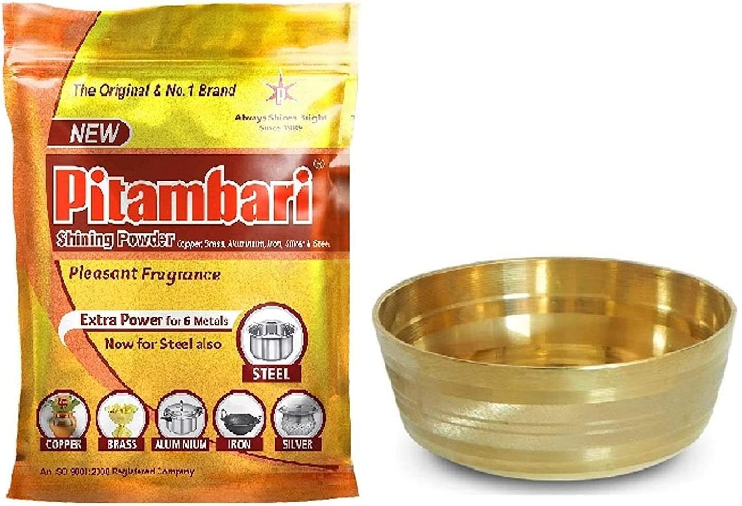 Pitambari Shining Powder for 6 Metals (Copper, Brass, Aluminum, Iron, Silver, Steel) - 4 Pack (50g Each) | Utensil Cleaning Soap for Puja & Dish Washing | Perfect for Religious Ceremonies & Kitchen Cleaning