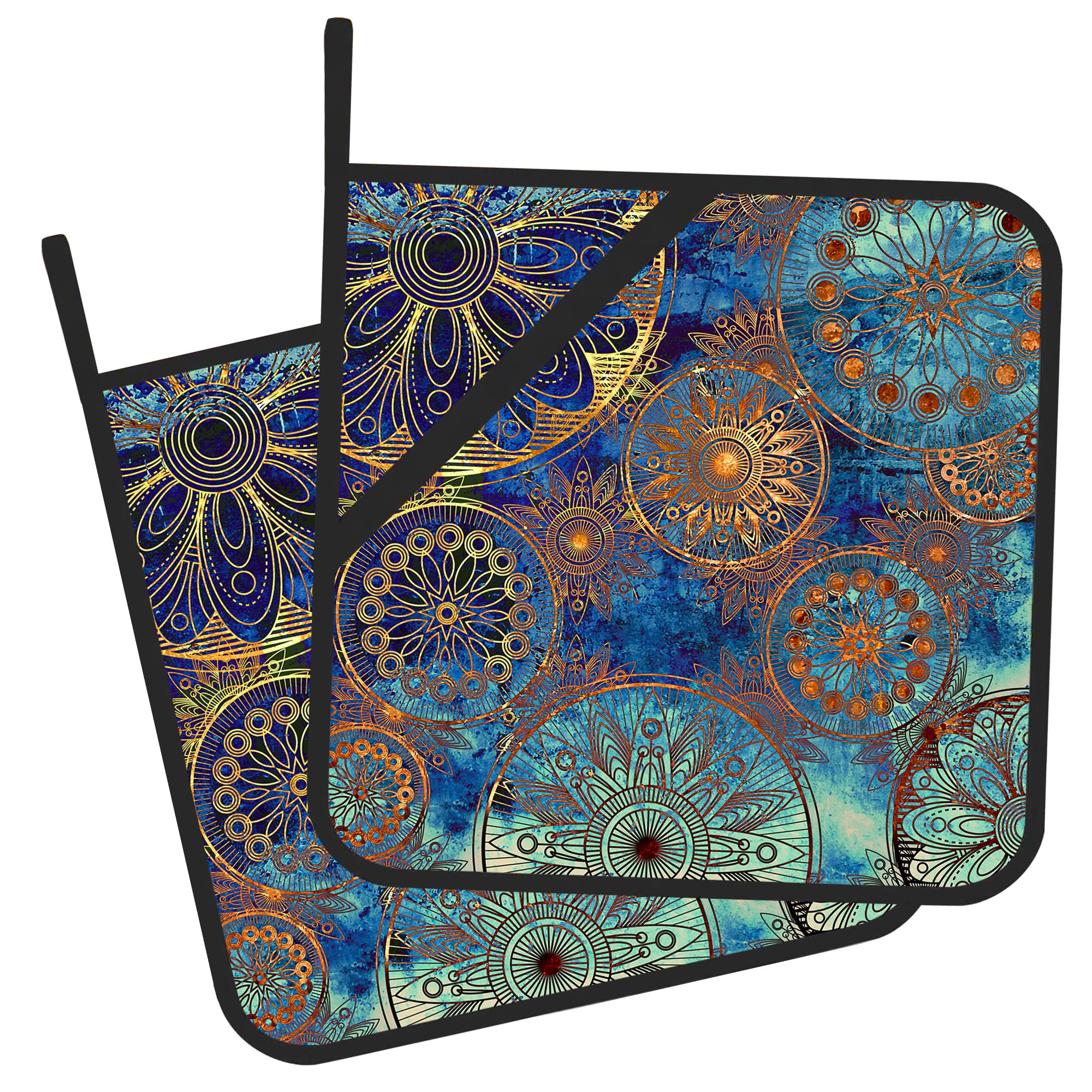 2-Pack Blue Paisley Boho Flower Heat Resistant Pot Holders - Kitchen Cooking & Baking Mitts for BBQ, Grilling, Oven Use - Perfect Hot Pad Gift for Women & Men (Home, Camping, Picnic Use)