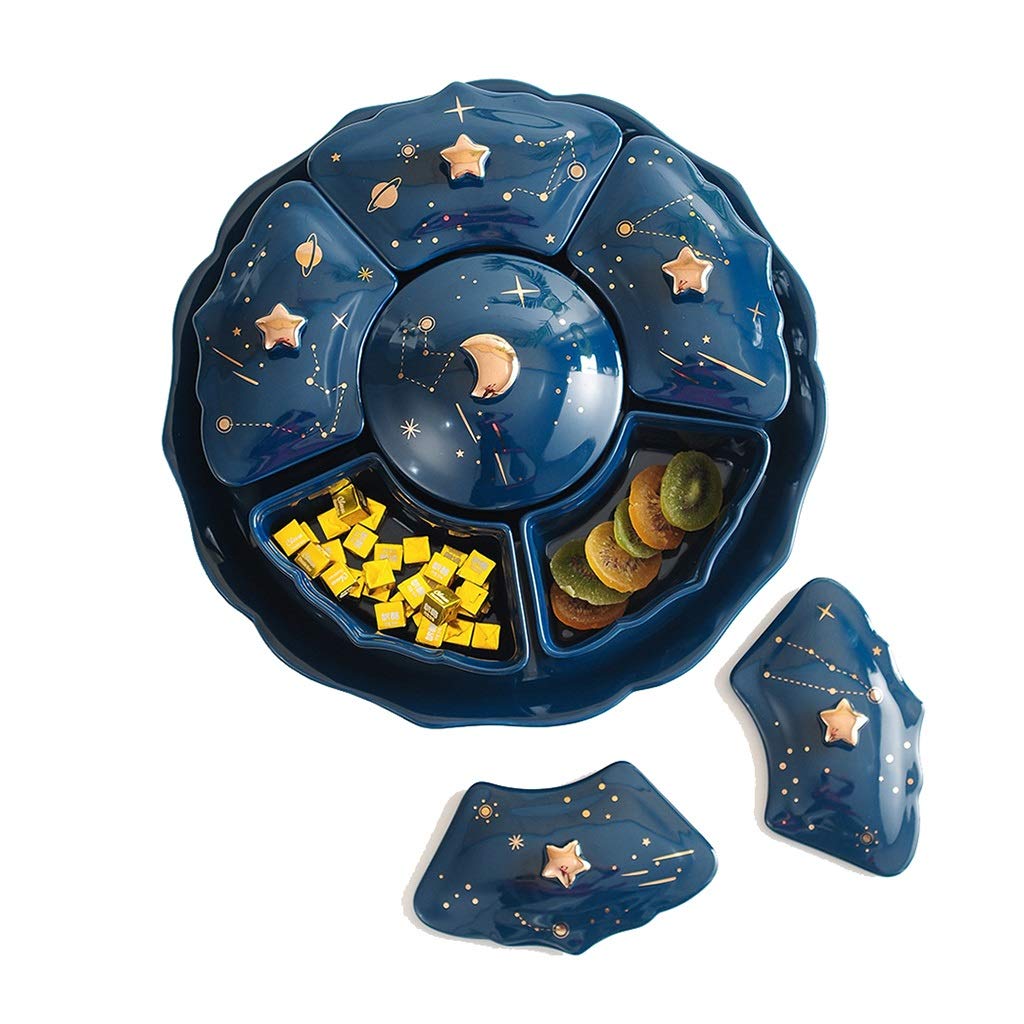 Ceramic Rotating Candy Box with Lid - 4 Compartment Snack Tray for Dried Fruits, Nuts, Chocolates | Home Decor Serving Dish for Living Room, Kitchen, Party & Holiday Gatherings (Blue)