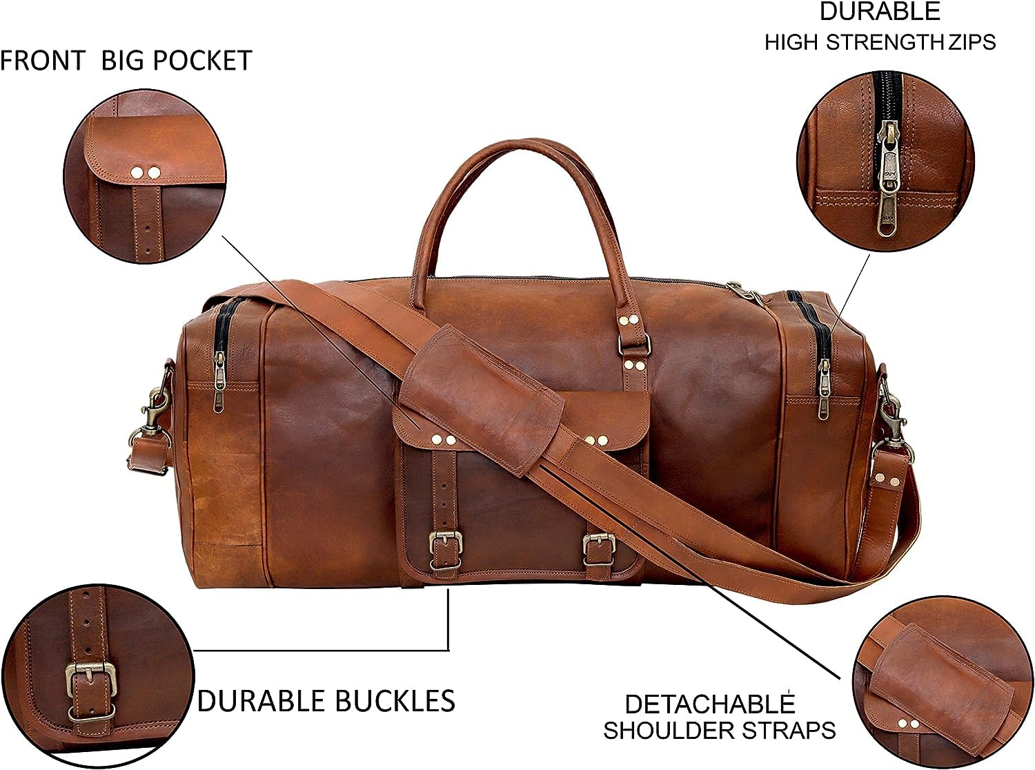 Premium 34 Inch Leather Duffle Bag for Men & Women - Handmade Large Carry On Luggage, Weekender Travel & Gym Sports Bag - Perfect for Airplane Travel, Overnight Trips & Workout Sessions