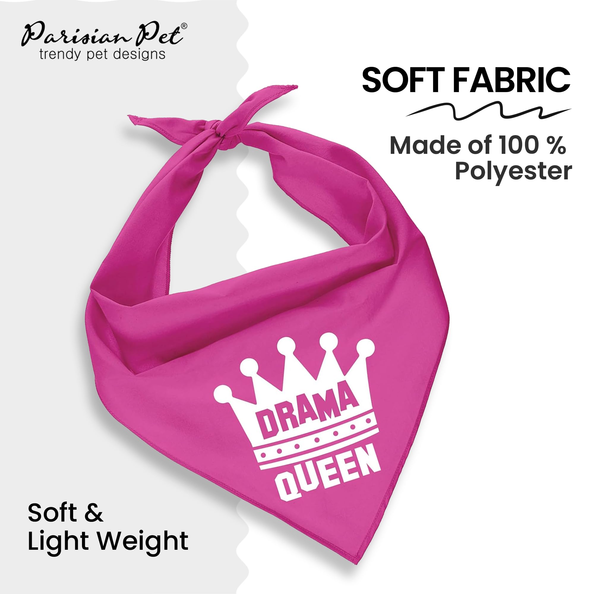 Parisian Pet Dog Bandanas - 'Drama Queen' Printed Adjustable Dog Scarf for Small Dogs | Washable Polyester Triangle Bandana in Elegant Pink | Perfect for Pet Fashion, Birthday Parties & Photo Shoots