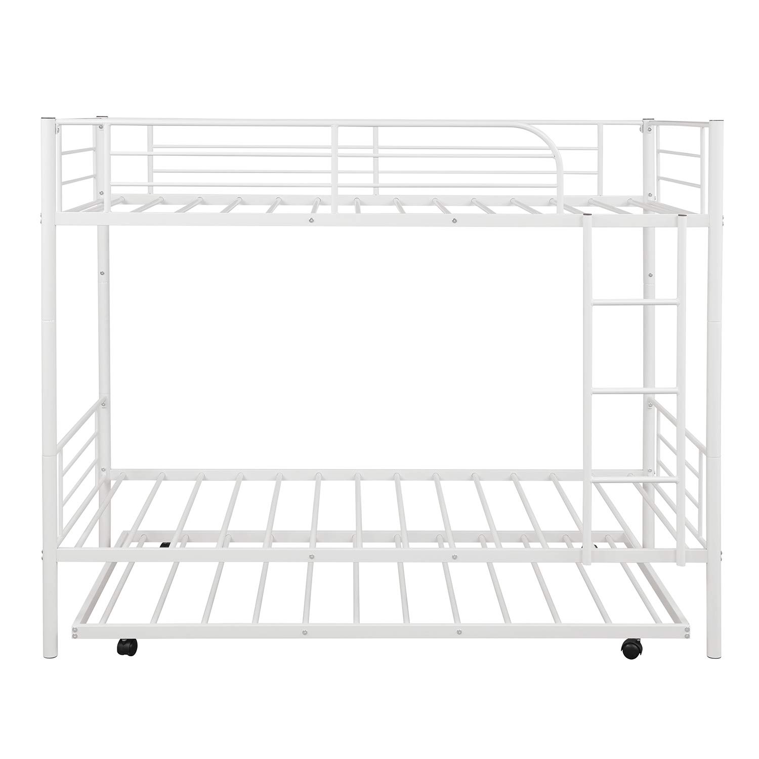 Twin Over Twin Metal Bunk Bed with Trundle - Convertible to 2 Separate Beds - No Box Spring Needed - Sturdy White Bed Frame for Kids, Teens & Guest Rooms - Space Saving Solution for Small Bedrooms & Dorm Rooms