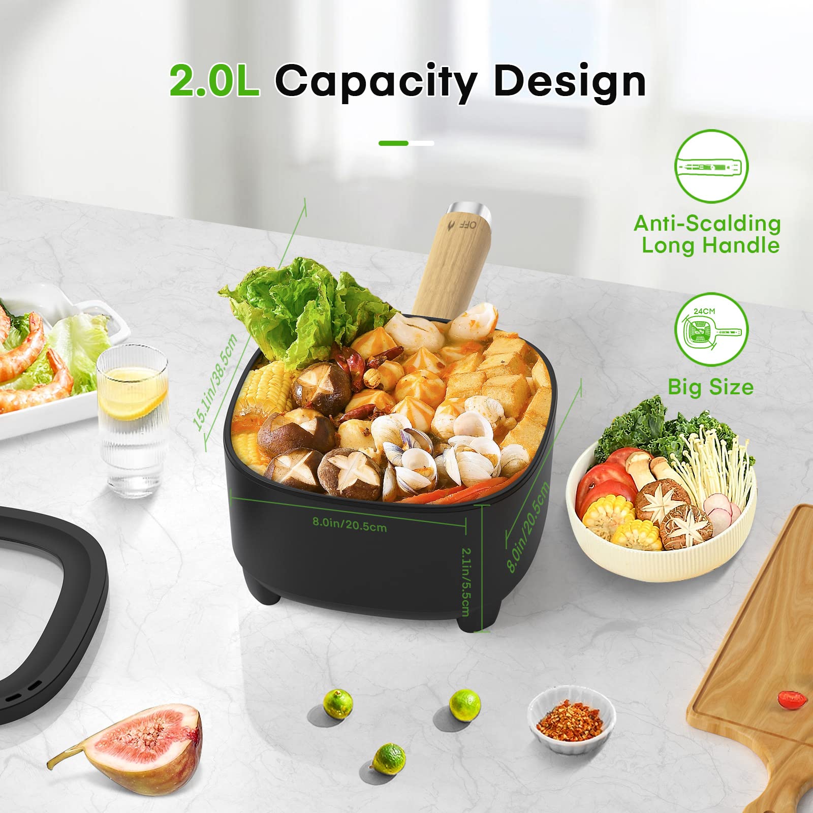 Audecook 2L Electric Hot Pot with Ceramic Non-Stick Coating - 8 Inch Portable Travel Cooker for Ramen, Steak, Fried Rice & Soup | Dual Power Control | Includes Silicone Spatula | Perfect for Dorm, Office, Camping & Small Kitchen Cooking