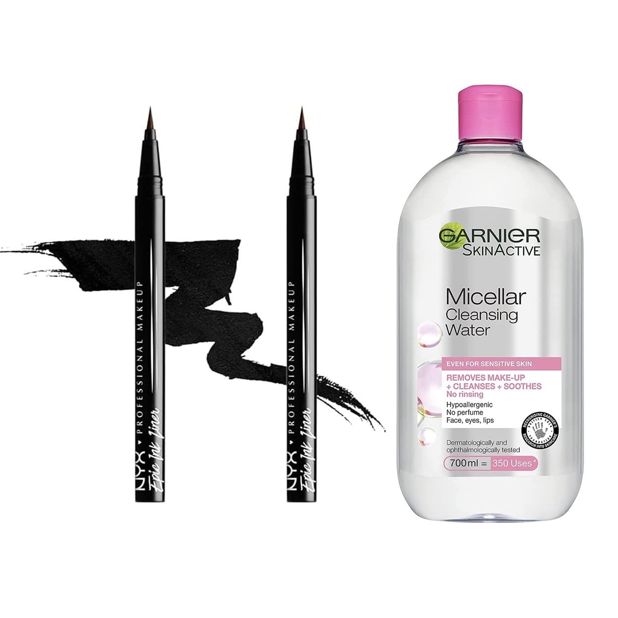 NYX Professional Makeup Epic Ink Waterproof Liquid Eyeliner - 2 Pack Black Long Lasting Smudge Proof Eye Liner Pens + Garnier Micellar Cleansing Water 700ml for Sensitive Skin | Perfect for Everyday Makeup & Gentle Eye Makeup Removal