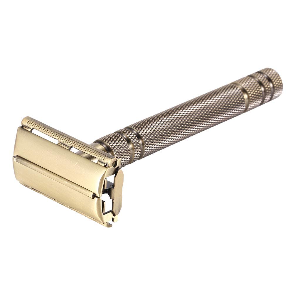 Premium Double Edge Safety Razor for Men & Women - Classic Butterfly Open Design with Bronze Long Handle & 5 Stainless Steel Blades | Reusable Metal Brass Manual Shaver with Close Comb | Perfect for Wet Shaving, Travel & Gift Giving