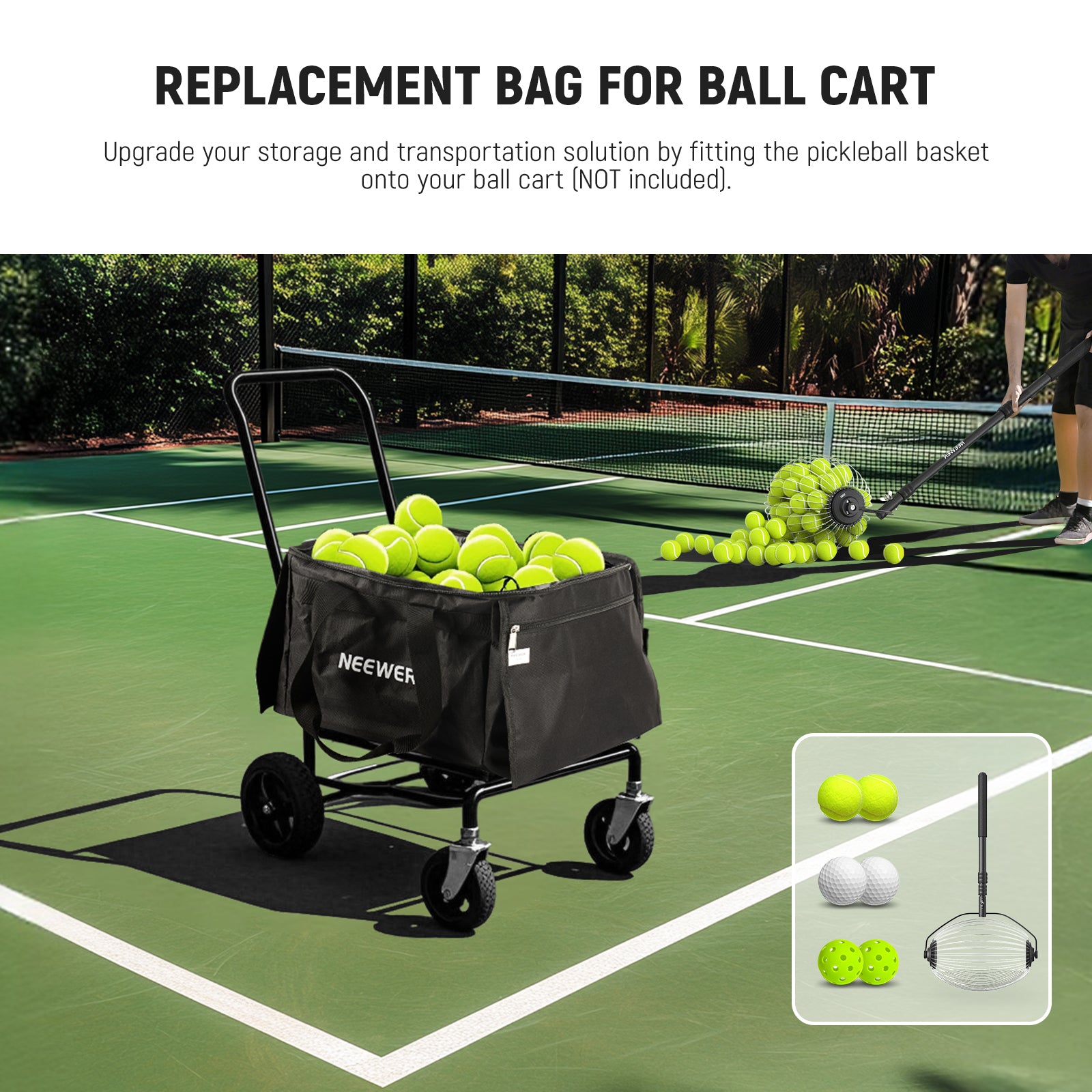 NEEWER TB01S Tennis Ball Collector Roller - Easy Pickup Tool for Tennis Practice & Training | Perfect for Coaches, Players & Court Maintenance