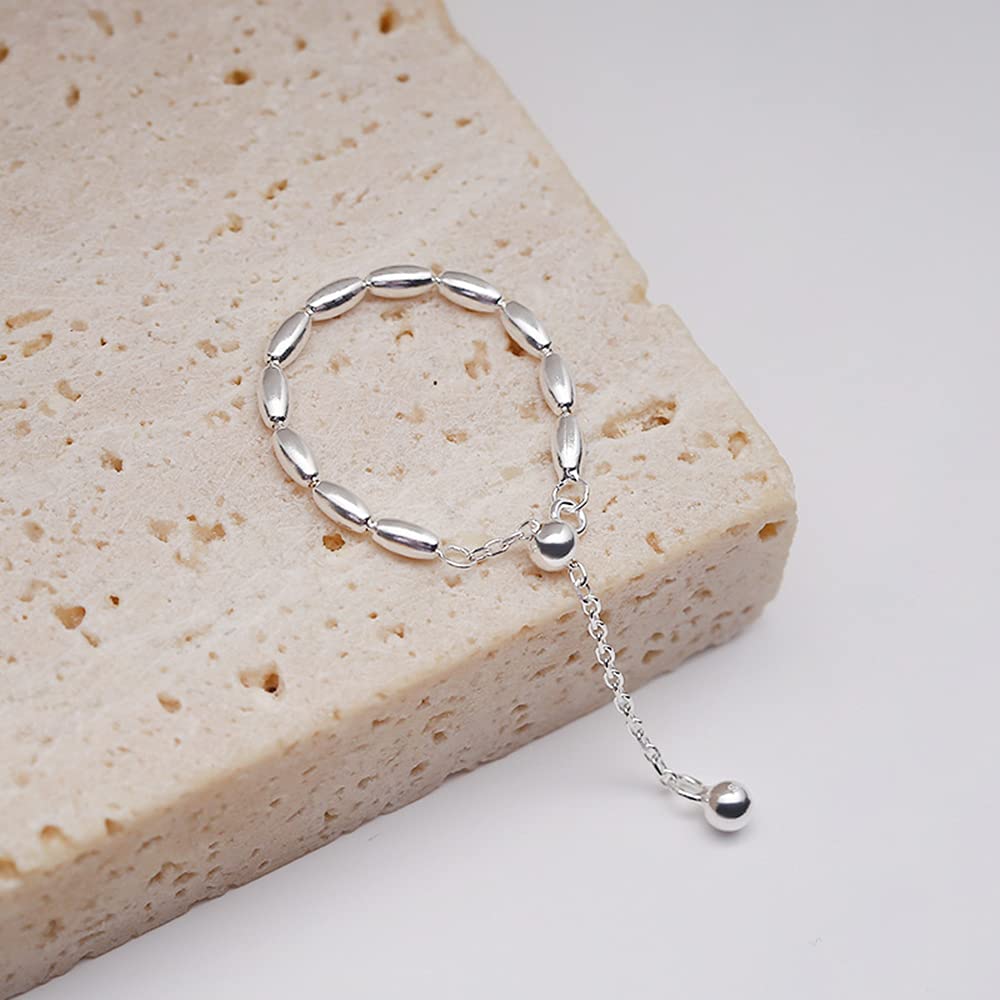 Minimalist Sterling Silver 925 Bead Stacking Rings - Adjustable Dangling Ball Threader Tassel Chain Statement Promise Ring for Women | Perfect for Everyday Wear, Gifts for Best Friend, Wedding, Anniversary & Special Occasions