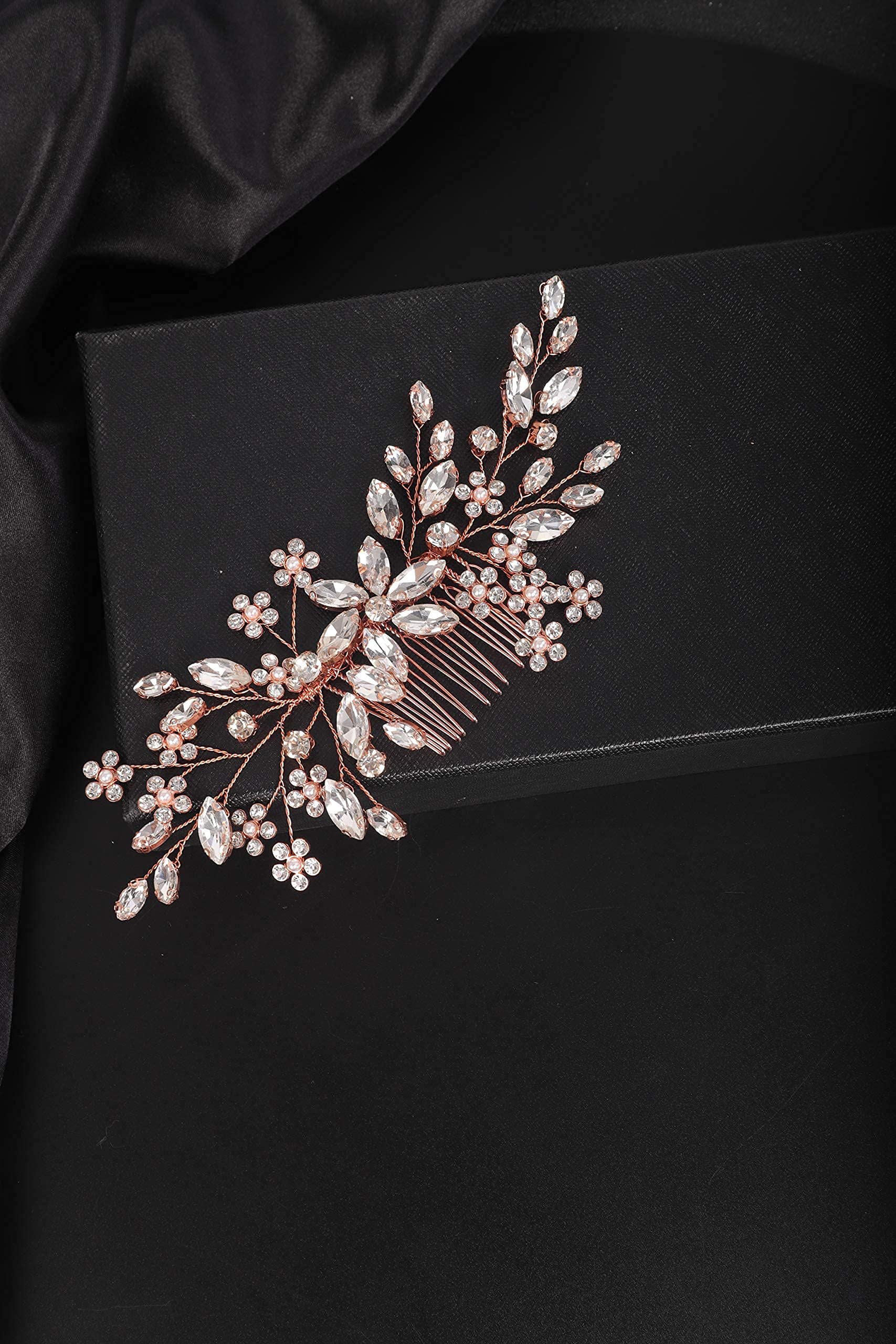 Crystal Bridal Hair Comb with Rhinestone Flowers & Pearls - Rose Gold Wedding Hair Accessories for Women & Girls | Perfect for Brides, Bridesmaids, and Special Occasions